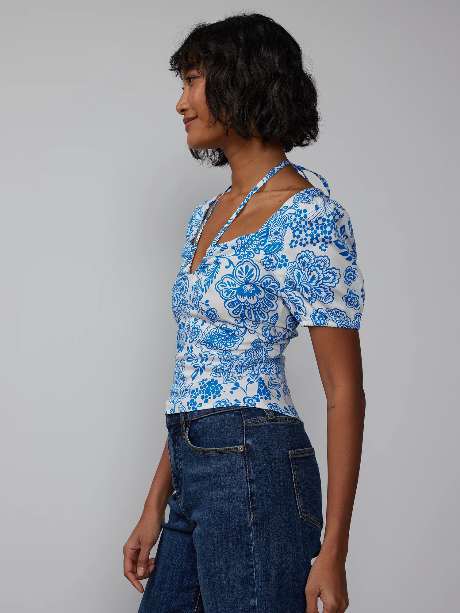 Puff Sleeve Tie Neck Paisley Print Top - Image 3