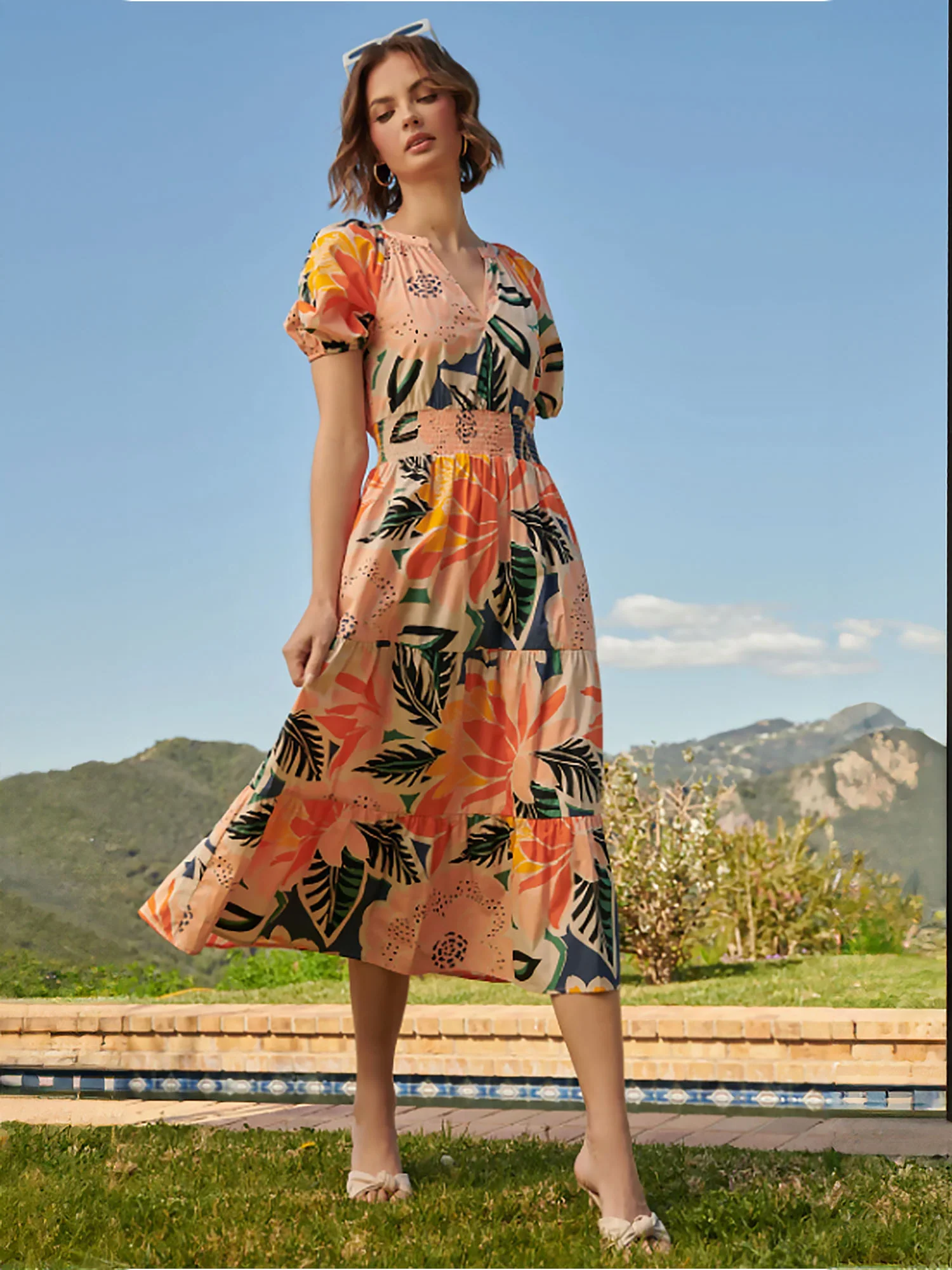 Sugarlips Puff Sleeve Tropical Tiered Midi Dress - Brands We Love