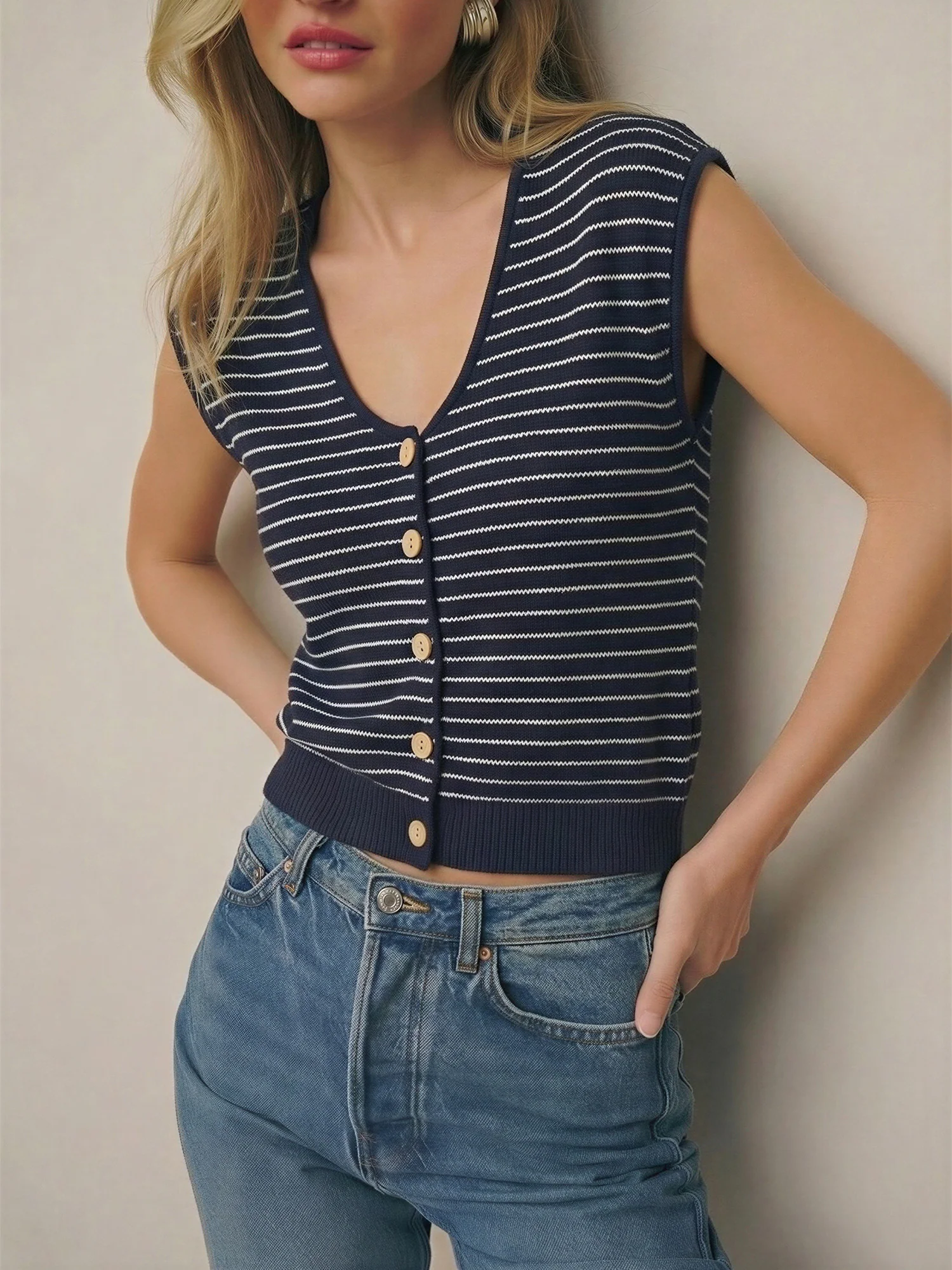 Short Sleeve Striped Button Down Sweater Tee - Image 2