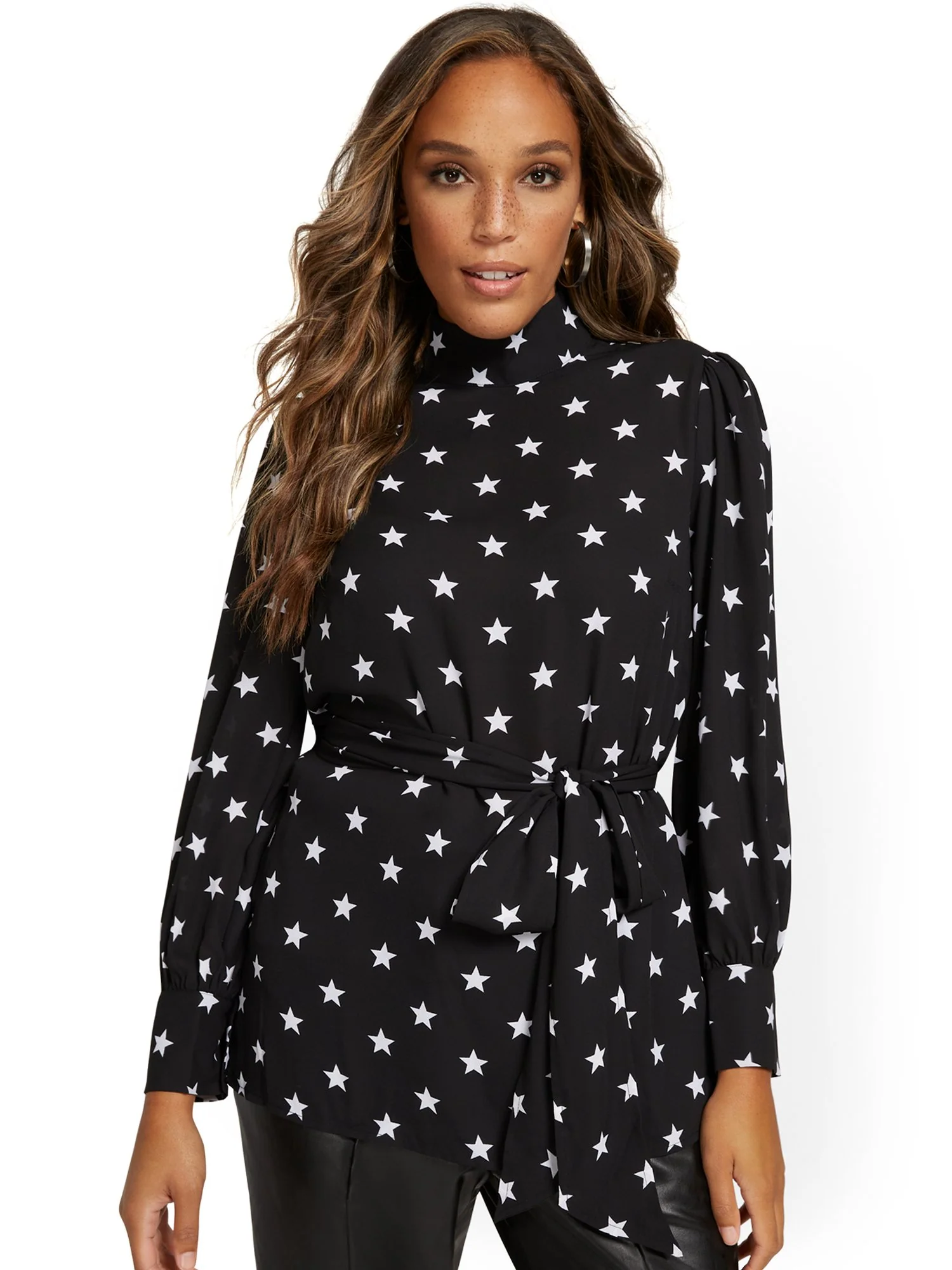 Star-Print Belted Mock-Neck Blouse