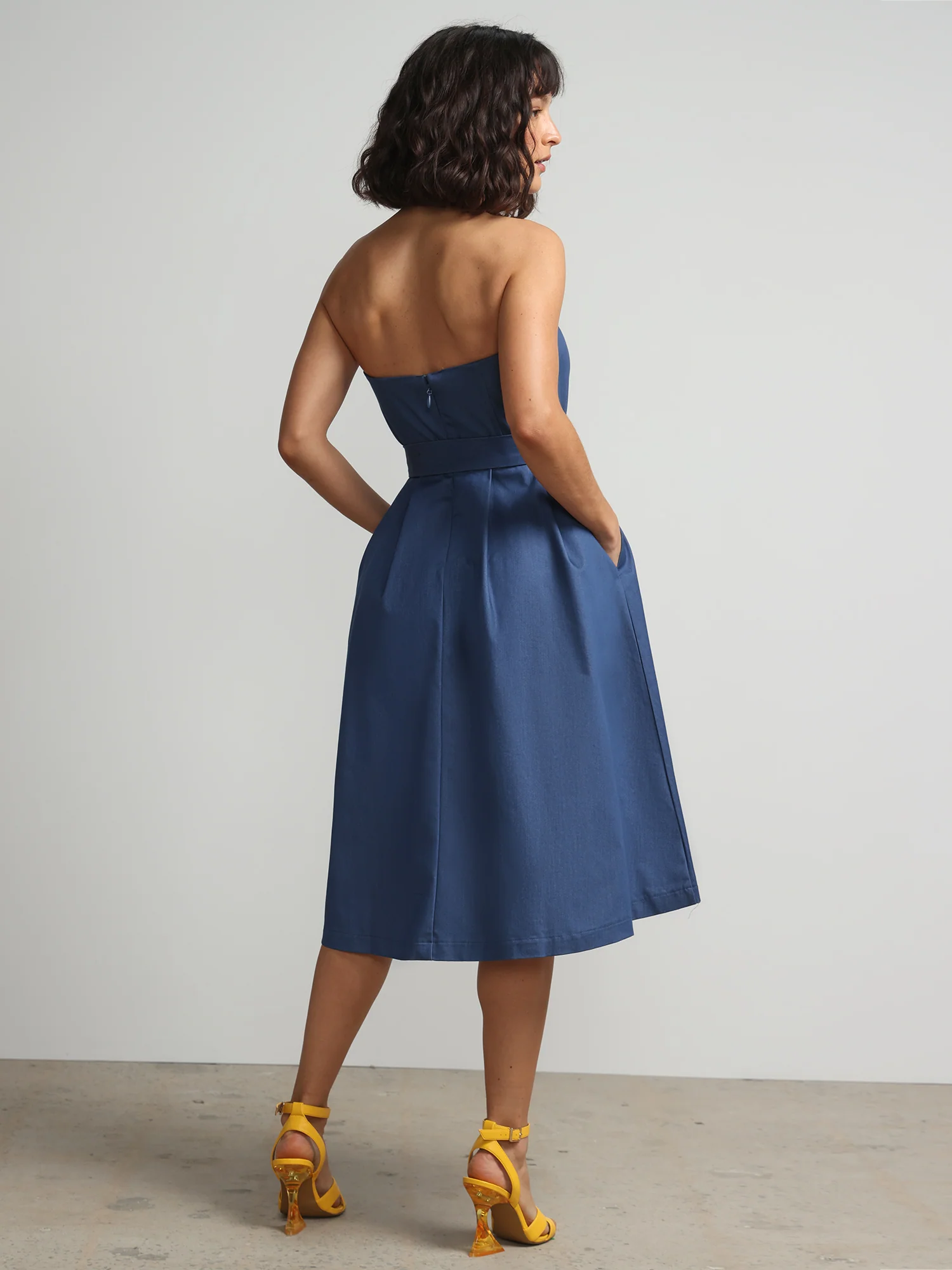 Strapless Belted Denim Flare Dress - Image 4