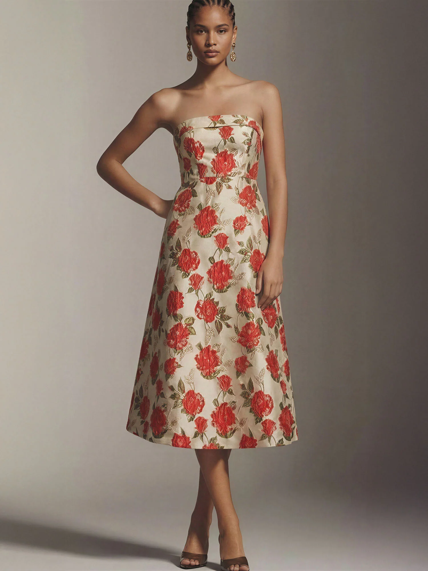 Strapless Gold Rose Jacquard Midi Dress