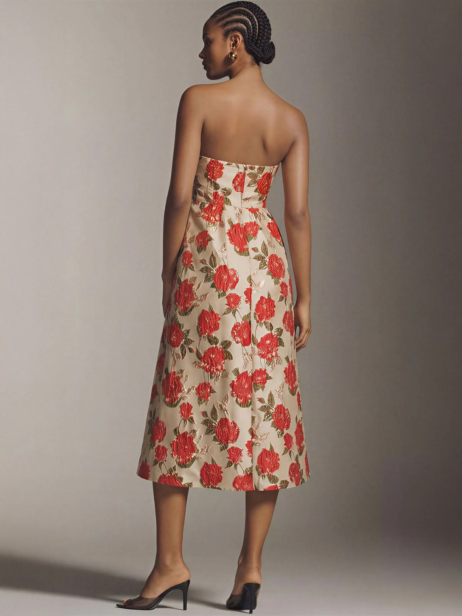Strapless Gold Rose Jacquard Midi Dress - Image 8