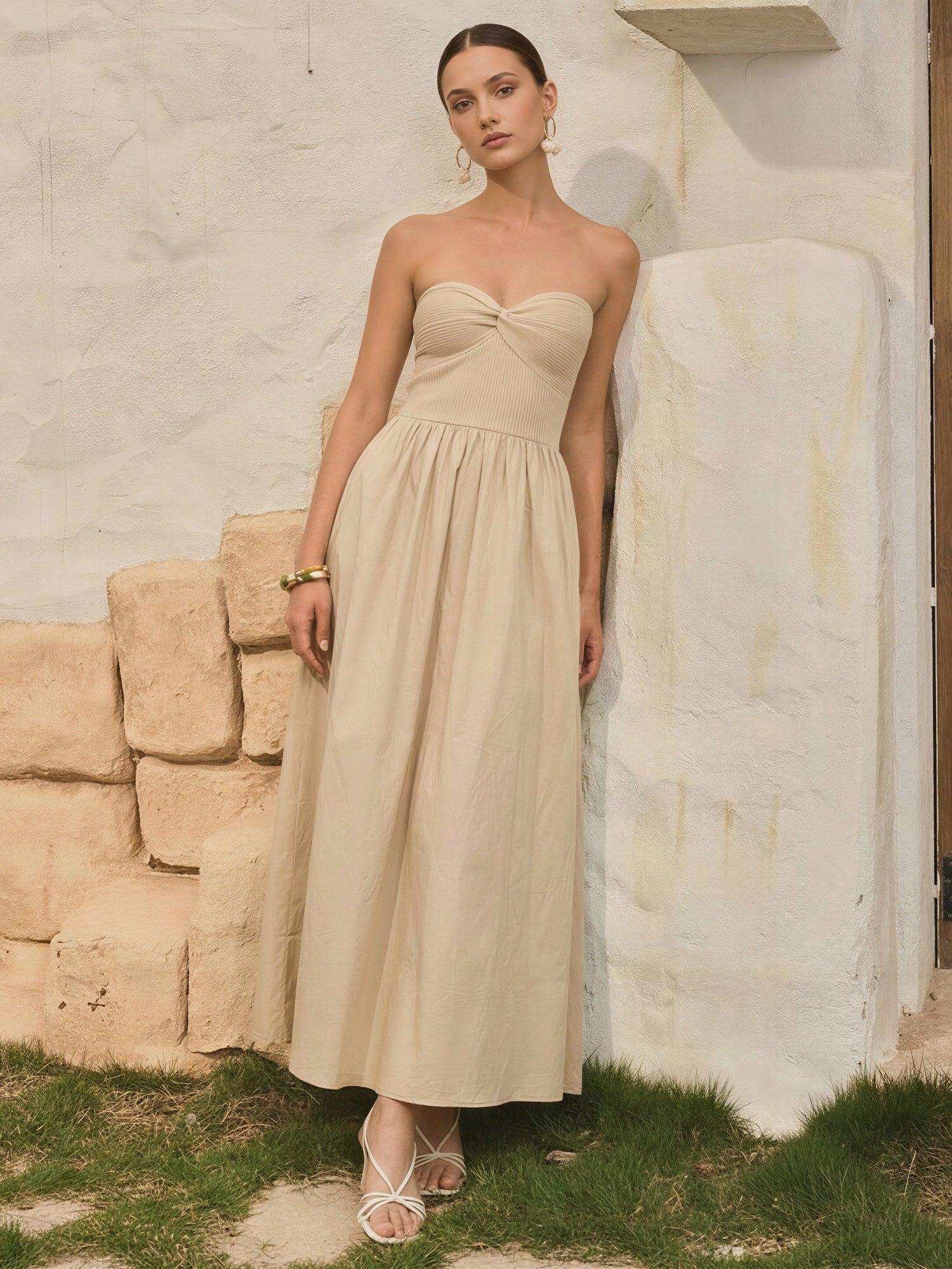 Strapless Mixed Media Poplin Fit And Flare Maxi Dress - Image 5