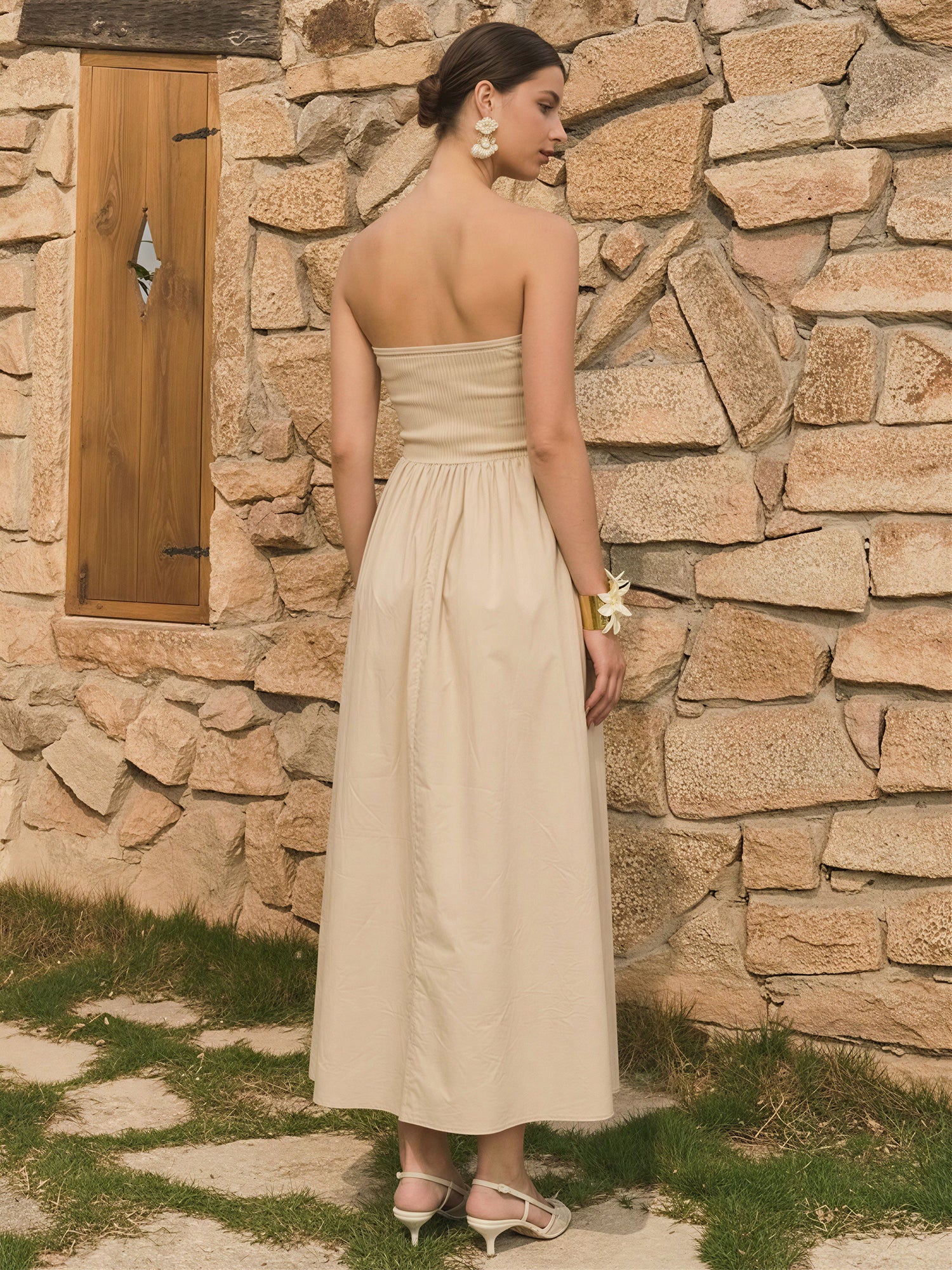 Strapless Mixed Media Poplin Fit And Flare Maxi Dress - Image 7