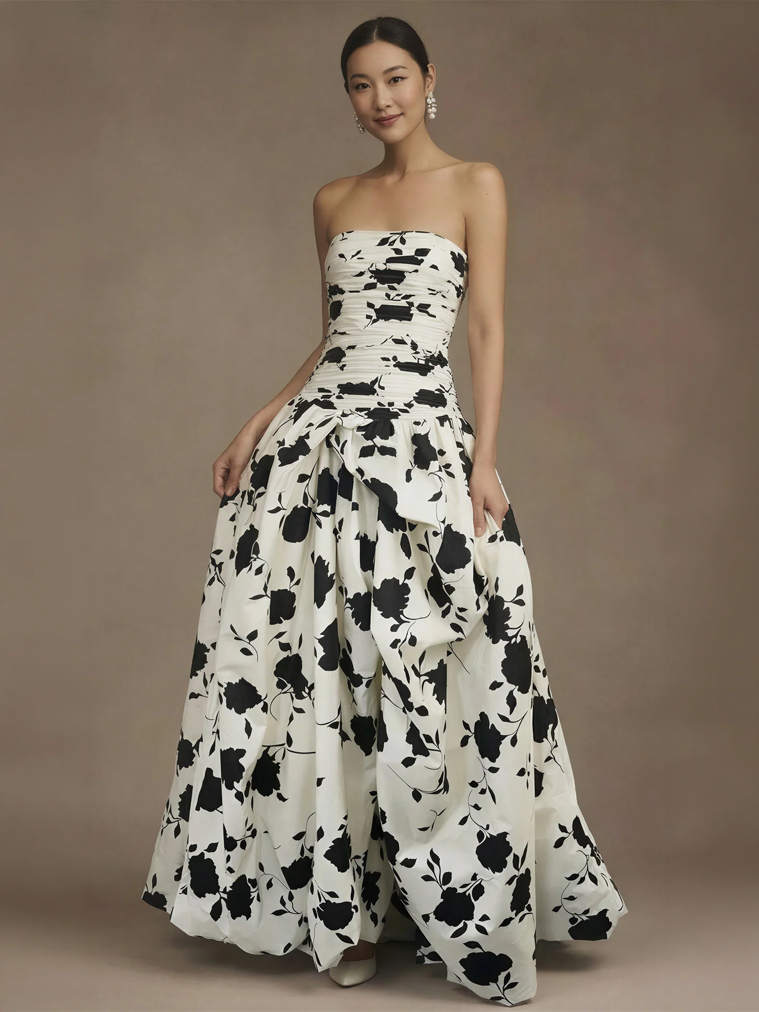 Strapless Ruched Bodice Rose High Low Gown