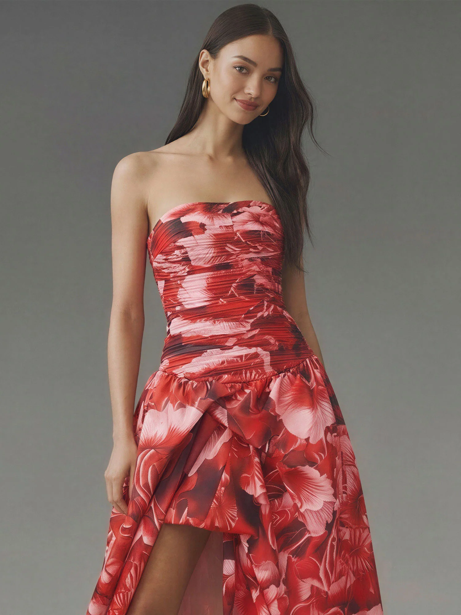 Strapless Ruched Bodice Rose High Low Gown - Image 2