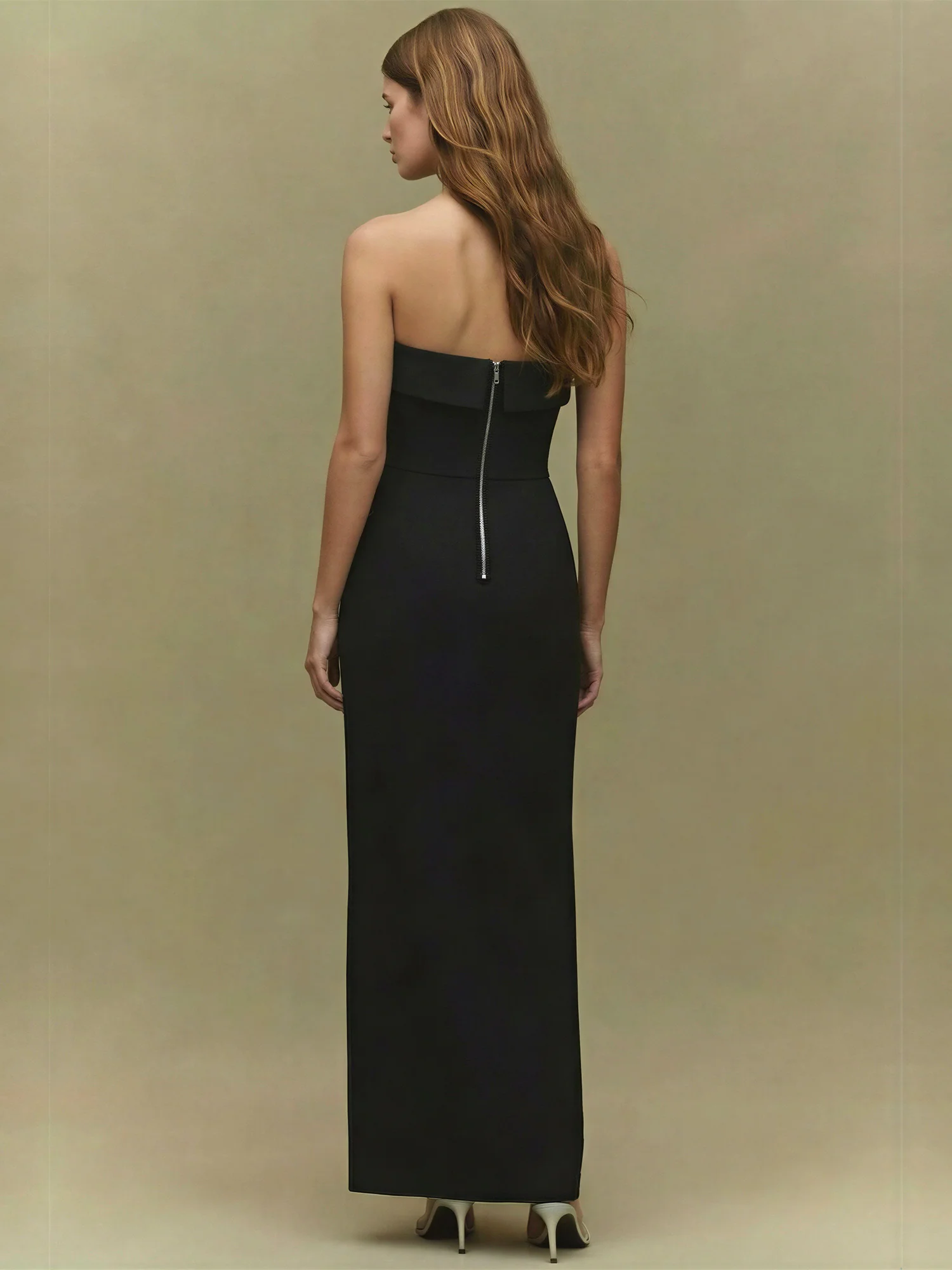 Strapless V Neck Bow Slit Gown - Image 3