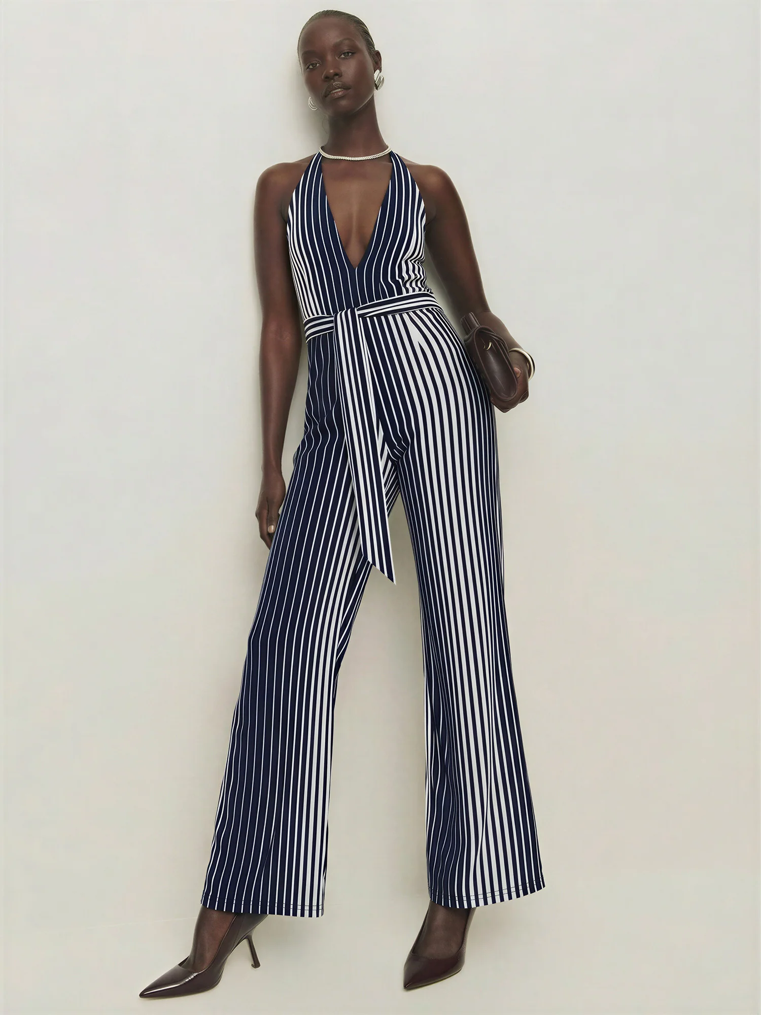 Black And White Stripe Halter Knit Jumpsuit