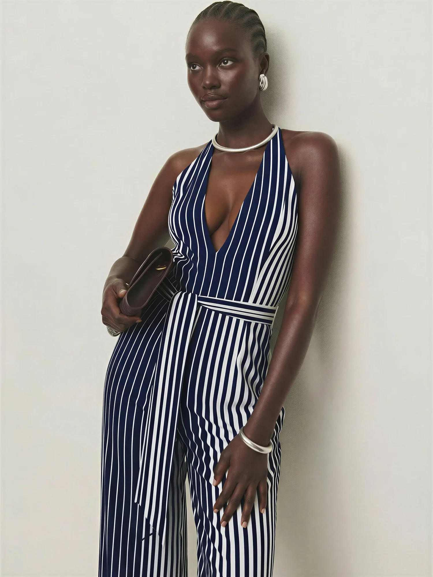 Black And White Stripe Halter Knit Jumpsuit - Image 3
