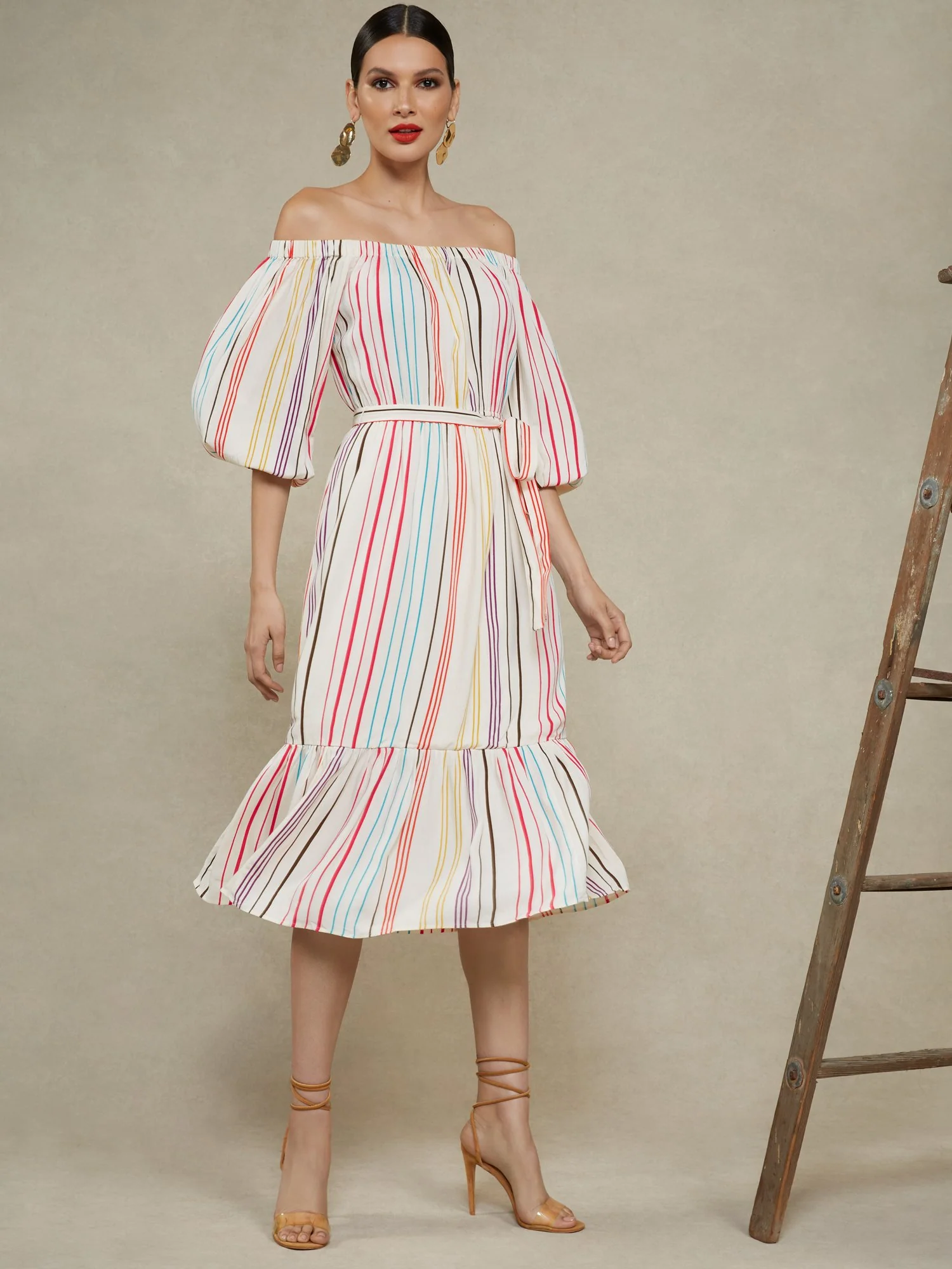 Stripe Off-The-Shoulder Gauze Midi Dress - Image 2