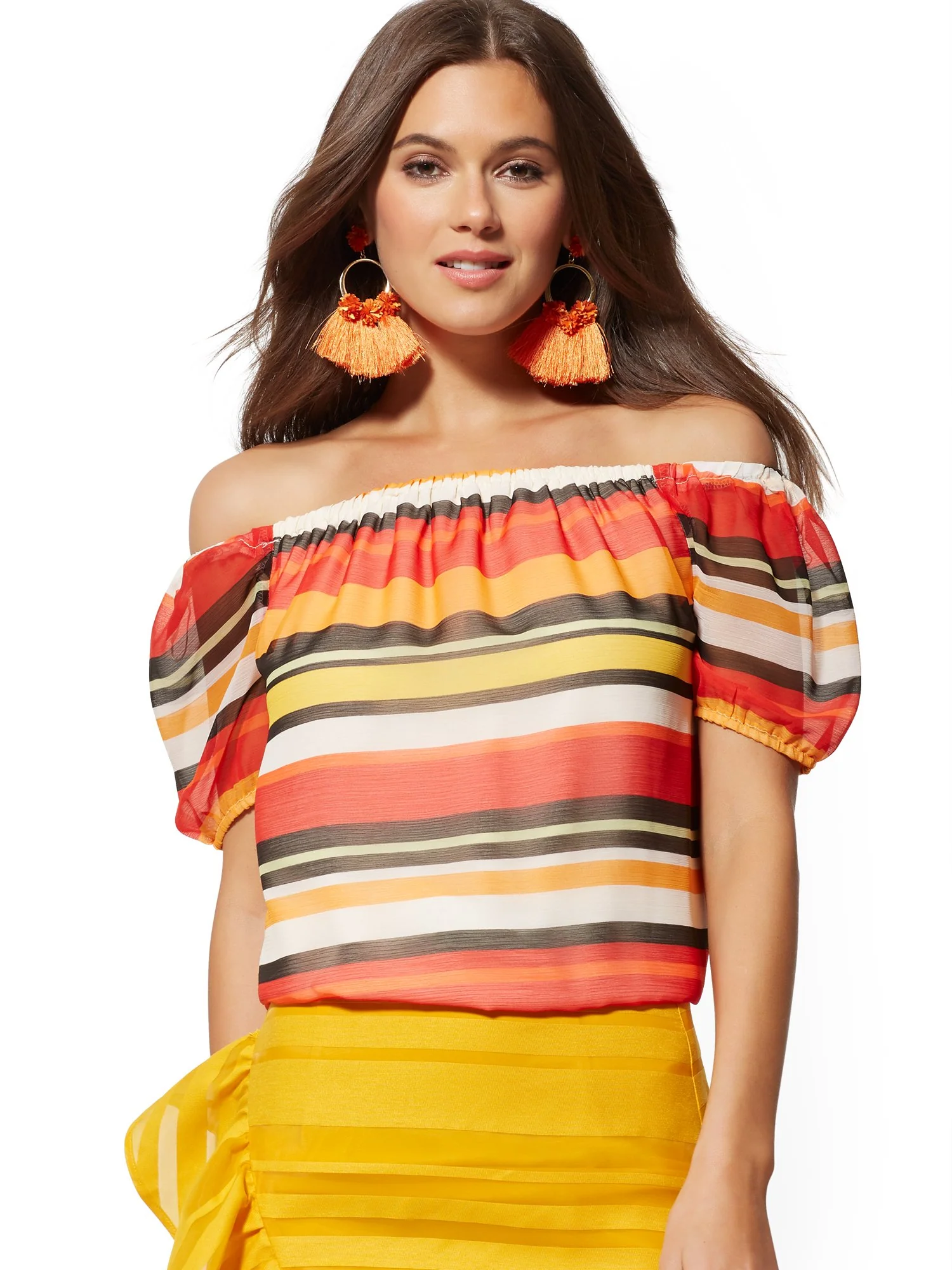 Stripe Off-The-Shoulder Puff-Sleeve Blouse - Image 2