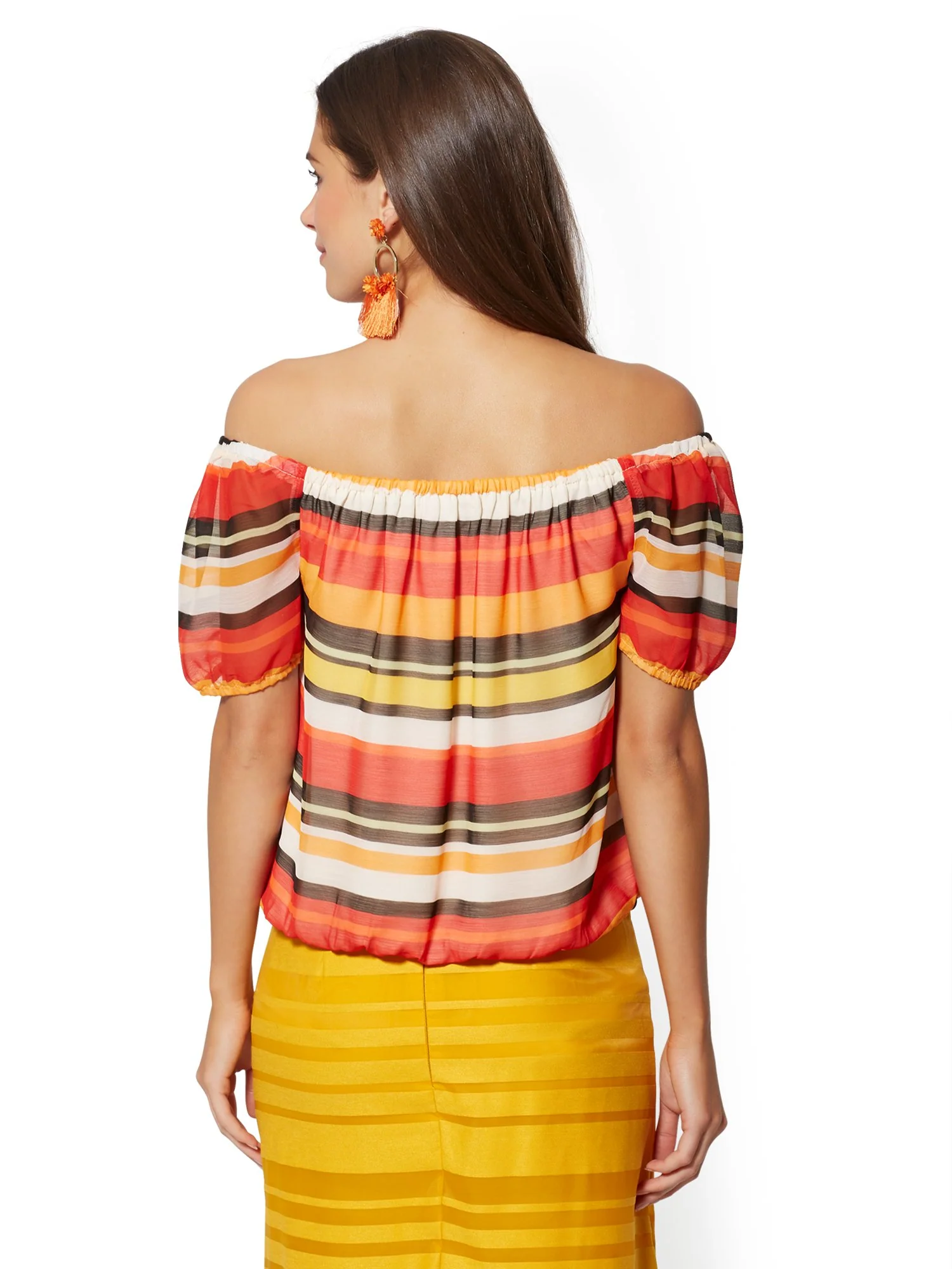Stripe Off-The-Shoulder Puff-Sleeve Blouse - Image 3