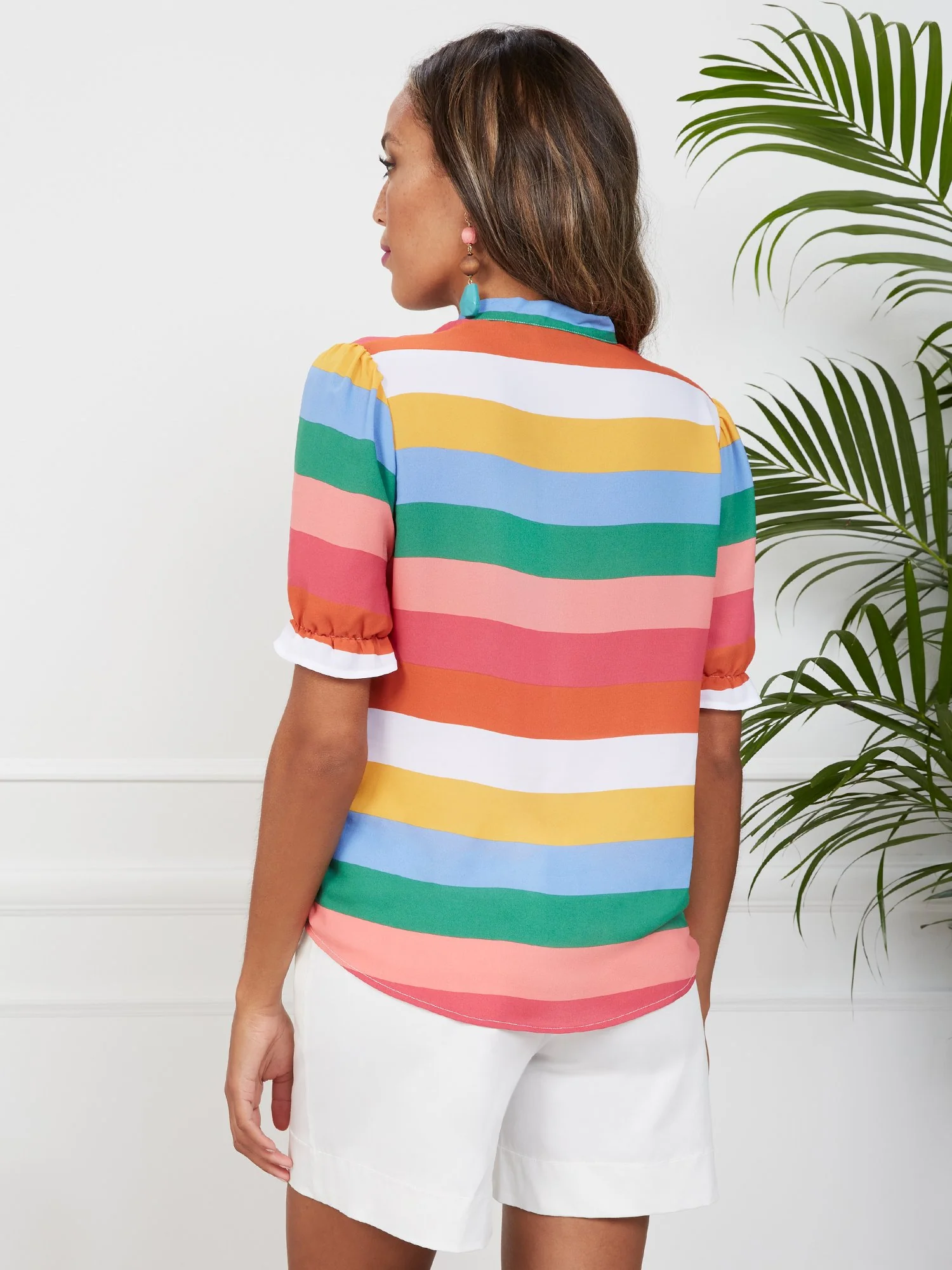 Stripe Puff-Sleeve Bow Blouse - Image 3