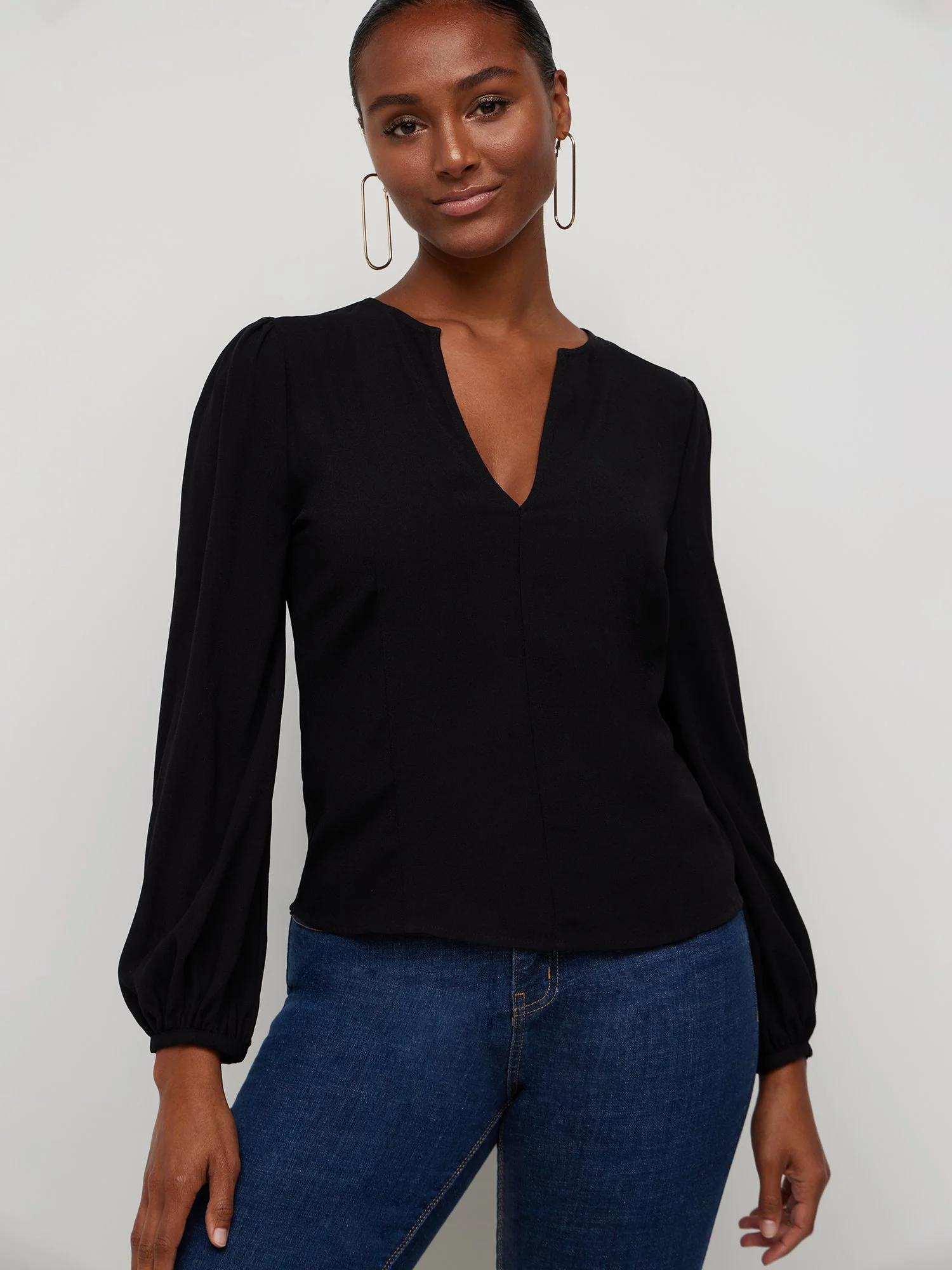 Stripe-Sleeve Button-Front Blouse
