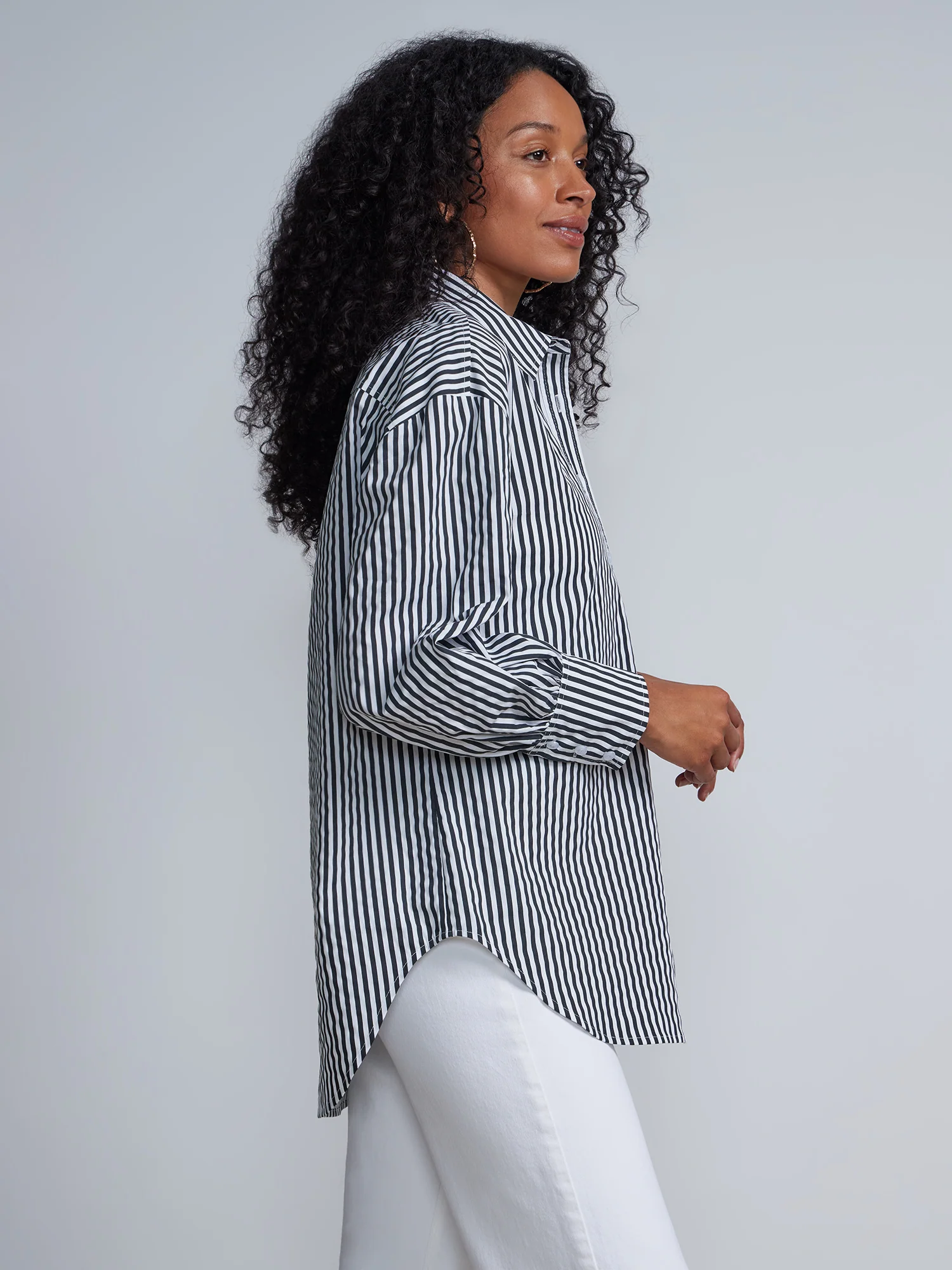 Striped Balloon-Sleeve Oversized Boyfriend Poplin Shirt - Image 2