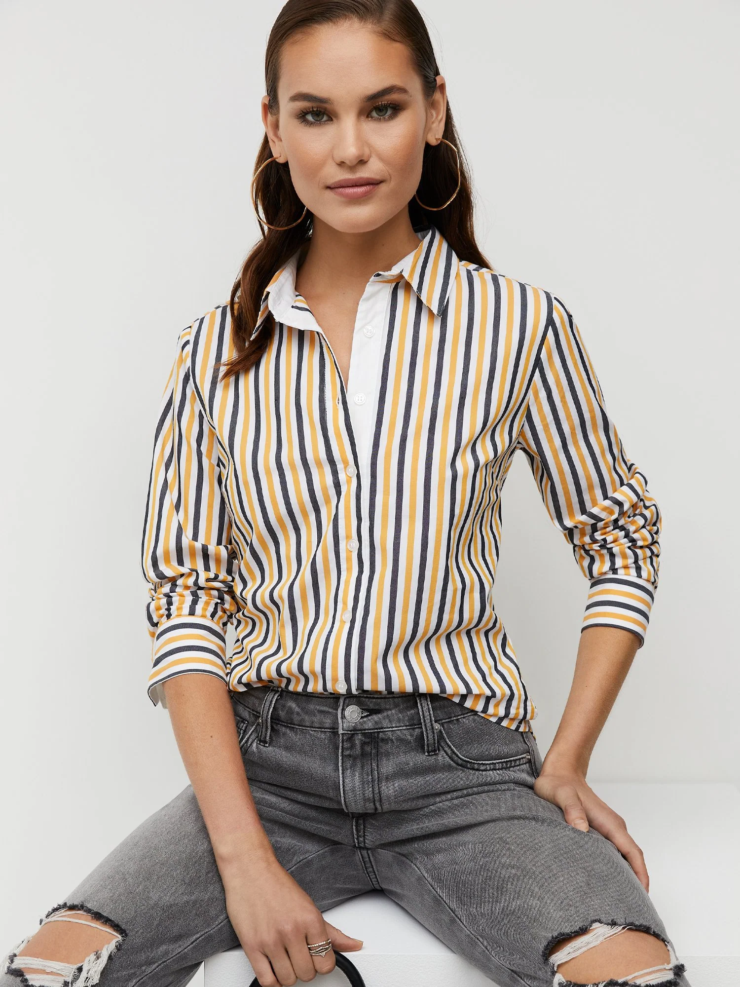 Striped Button-Front Secret Snap - NY&C Madison Shirt® - Image 2