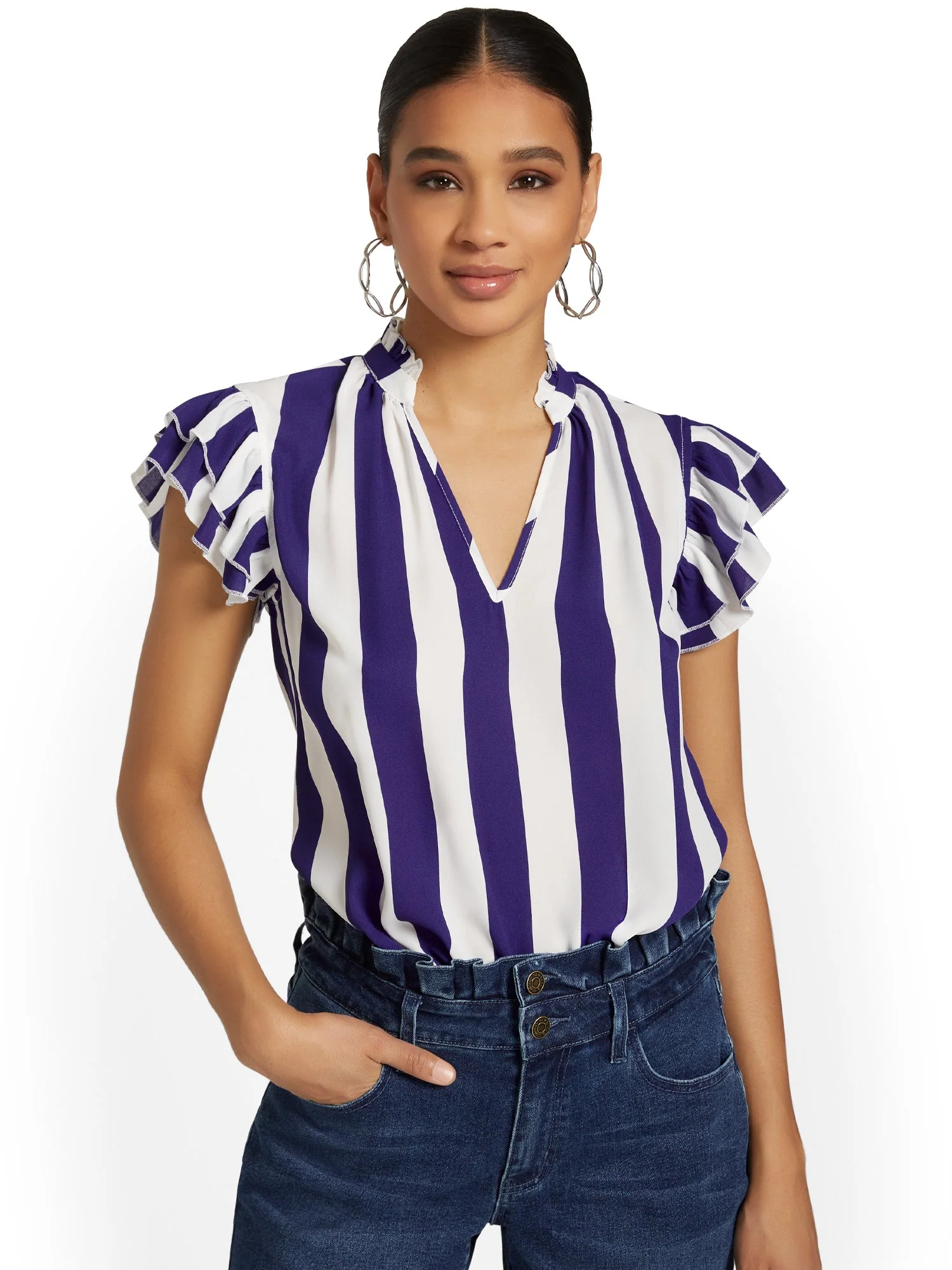 Striped Flounce-Sleeve Top - Image 2
