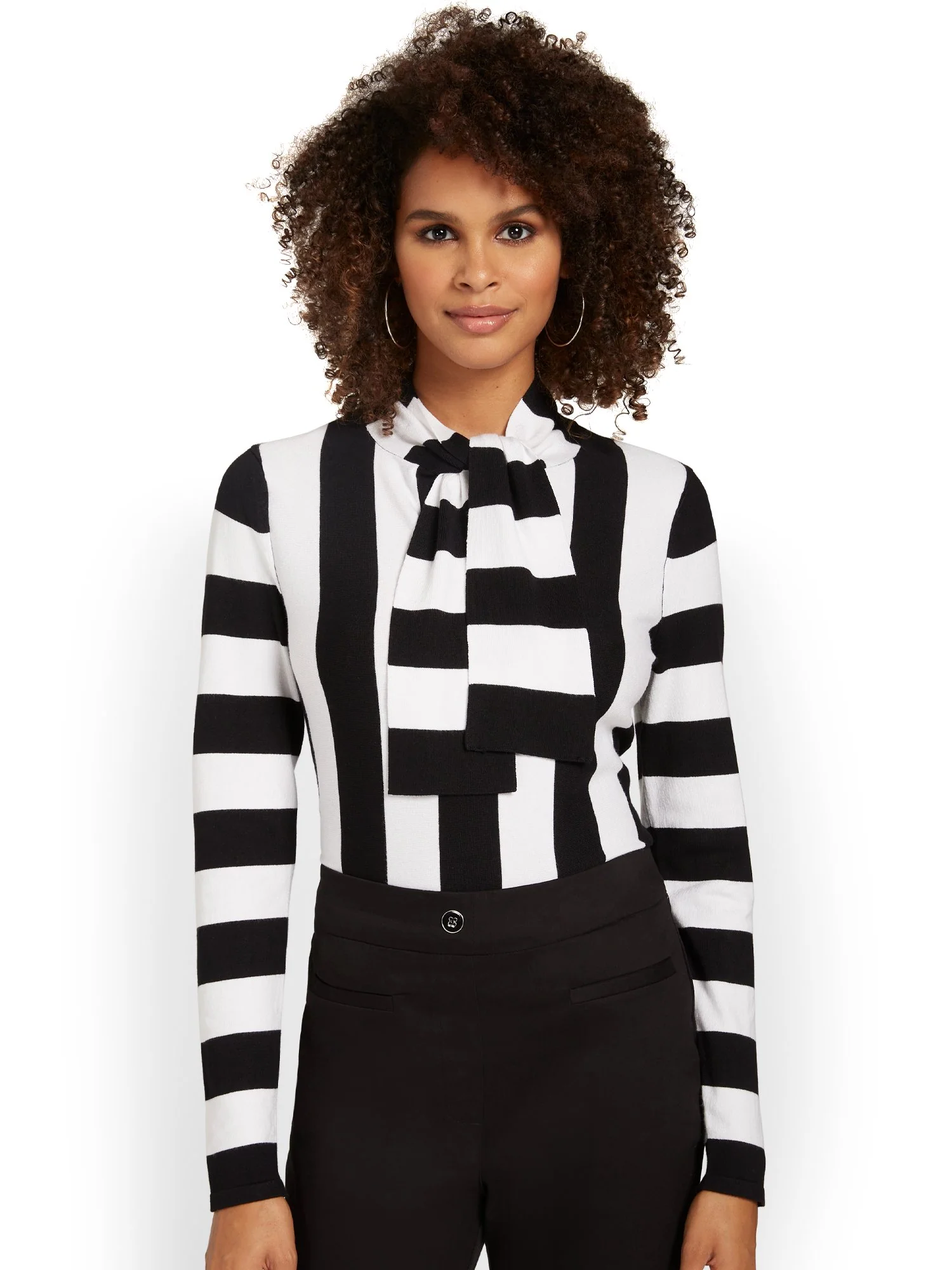 Striped Tie-Neck Pullover Sweater - Image 2