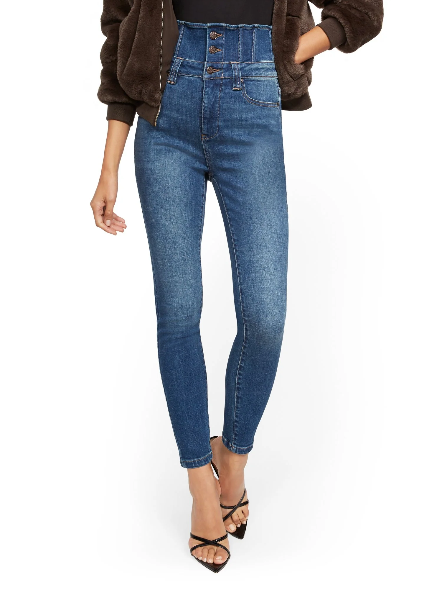 Super High-Waisted Corset Super-Skinny Ankle Jeans - Brilliant Blue