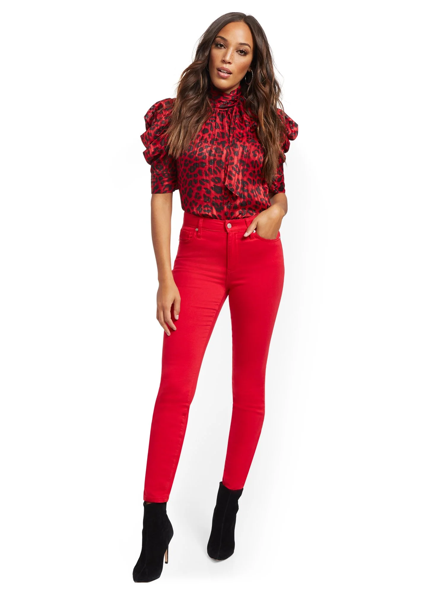 Super High-Waisted No-Gap Super-Skinny Jeans - Red - Image 5