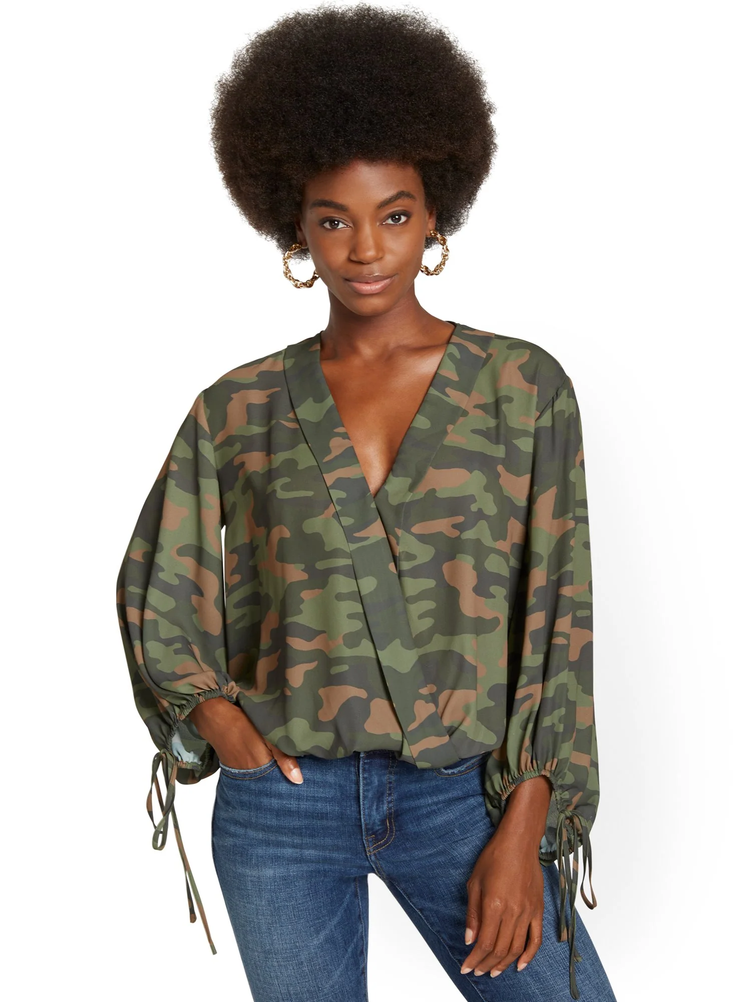 Surplice Tie-Sleeve Top - Camo-Print - Image 2