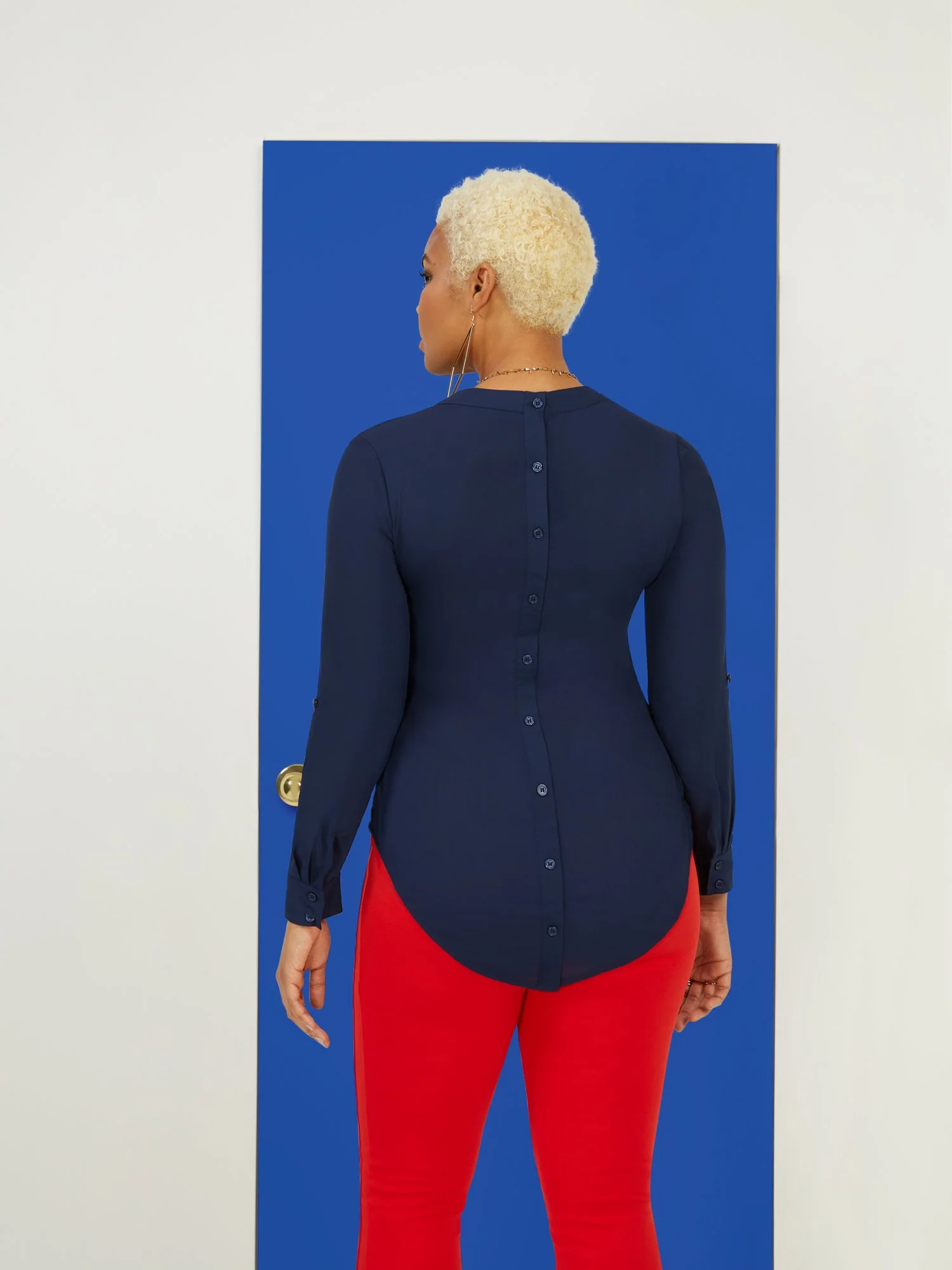 Tab-Sleeve Button-Back V-Neck Top - Image 3