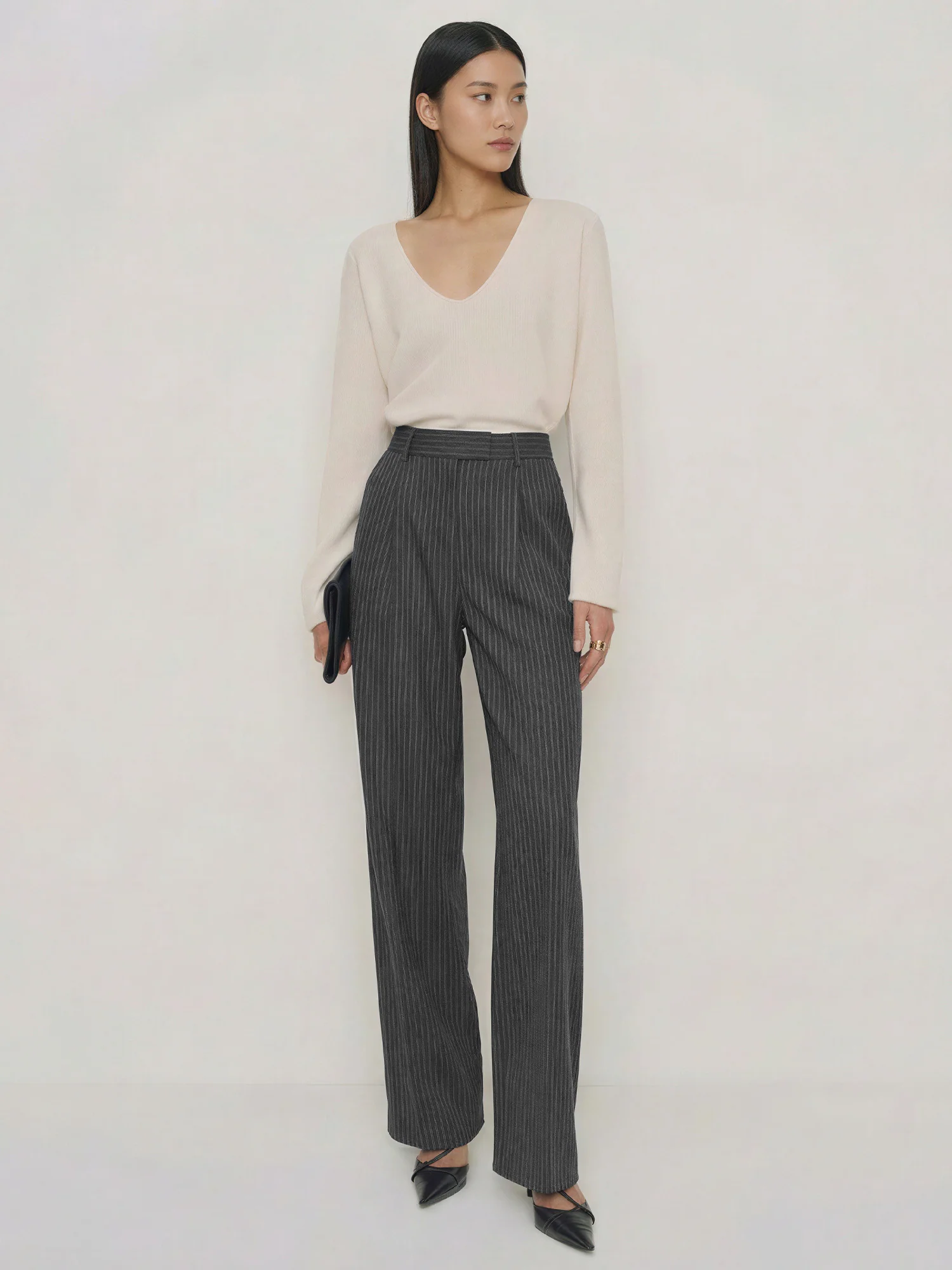 Tailored Classic High-Wasited Striped Straight Leg Woven Pants