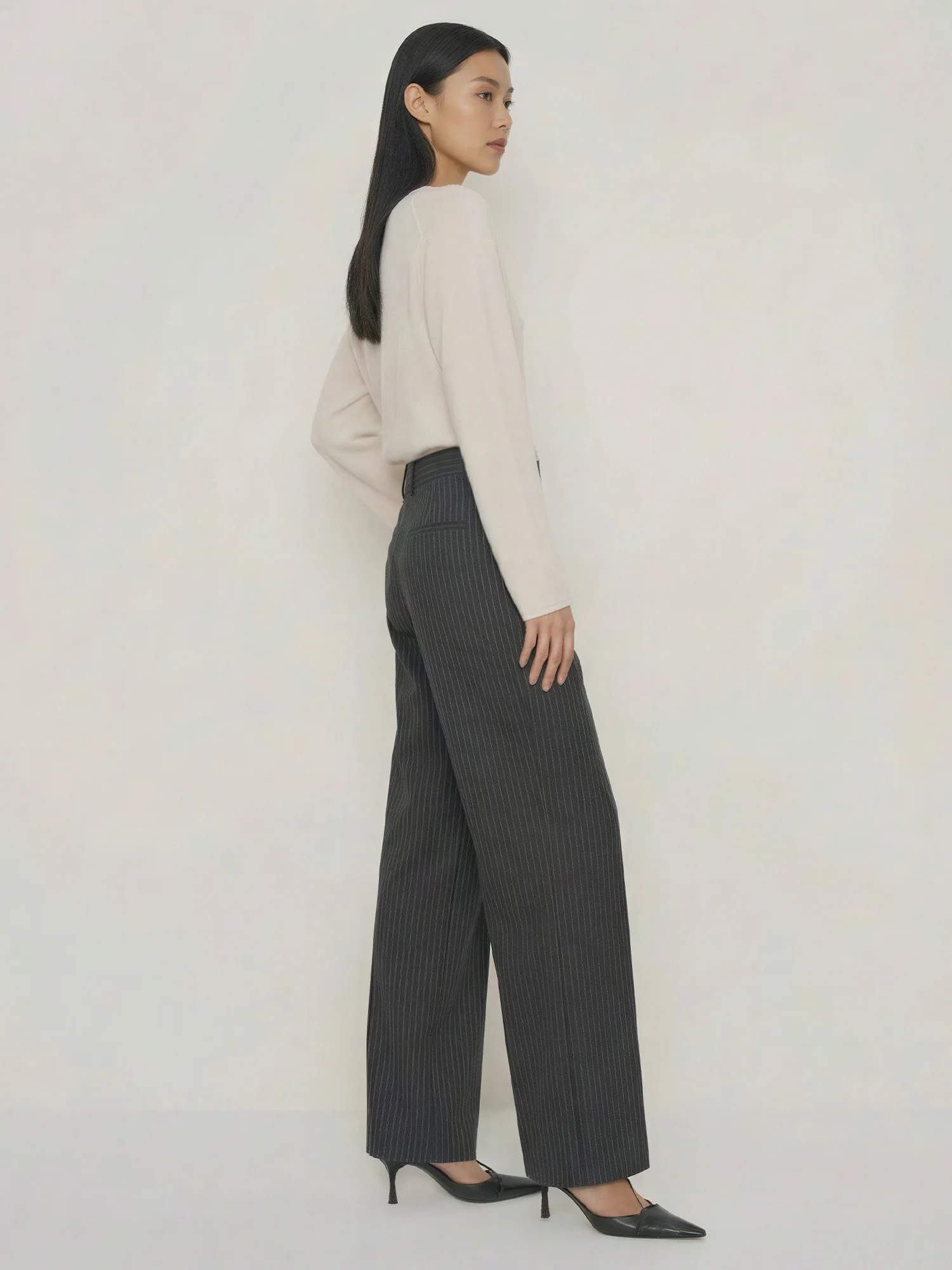 Tailored Classic High-Wasited Striped Straight Leg Woven Pants - Image 3