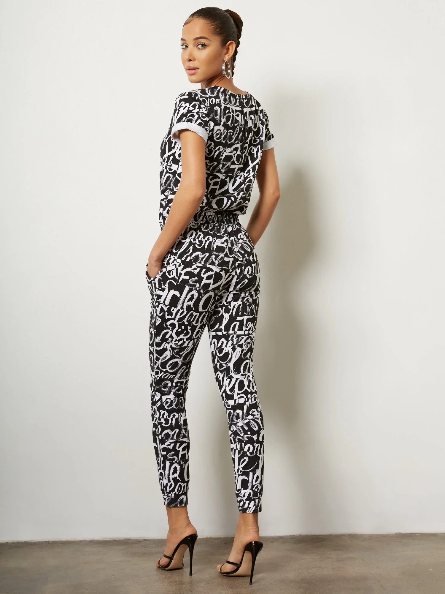 Tall Black & White Scripted Short-Sleeve Jogger Jumpsuit - Image 3