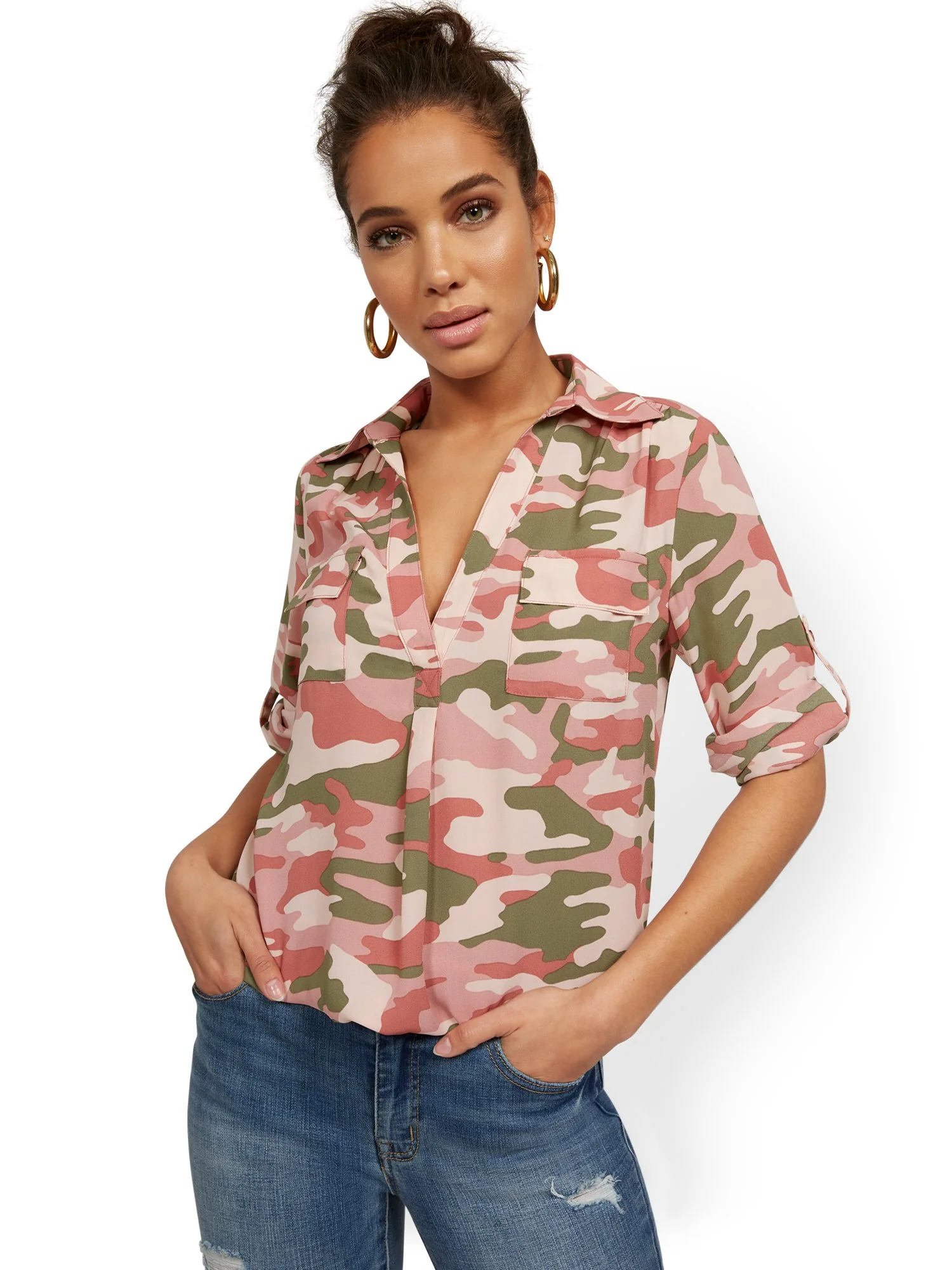 Tall Camo-Print Split-Neck Top - Image 5