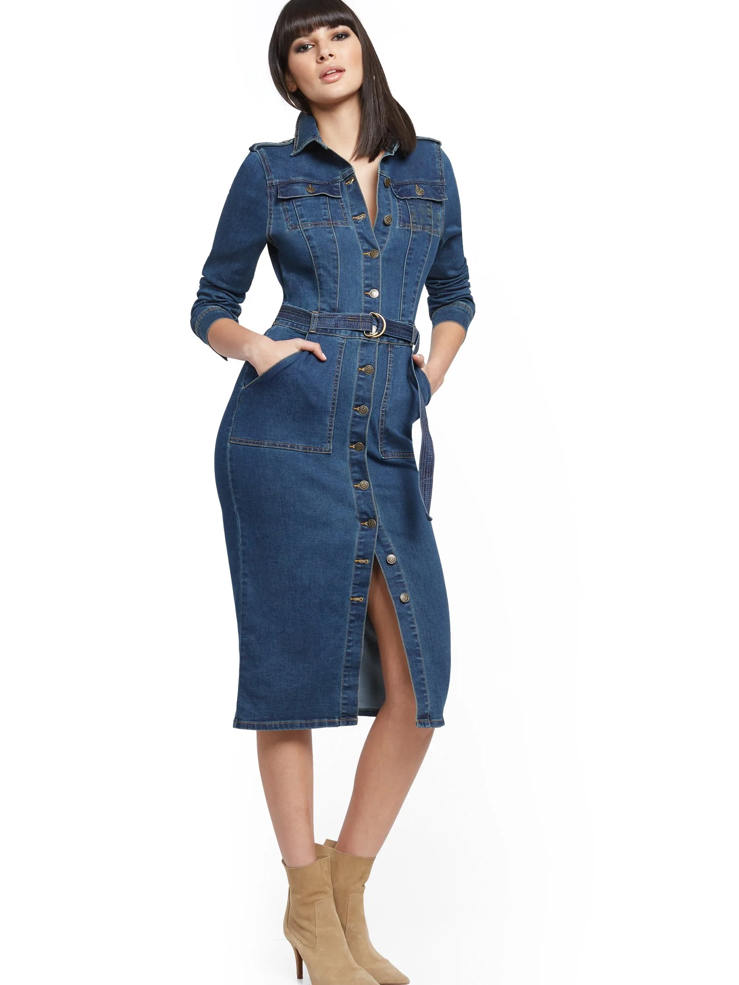 Tall Denim Utility Shirtdress - Dark Wash - Image 4