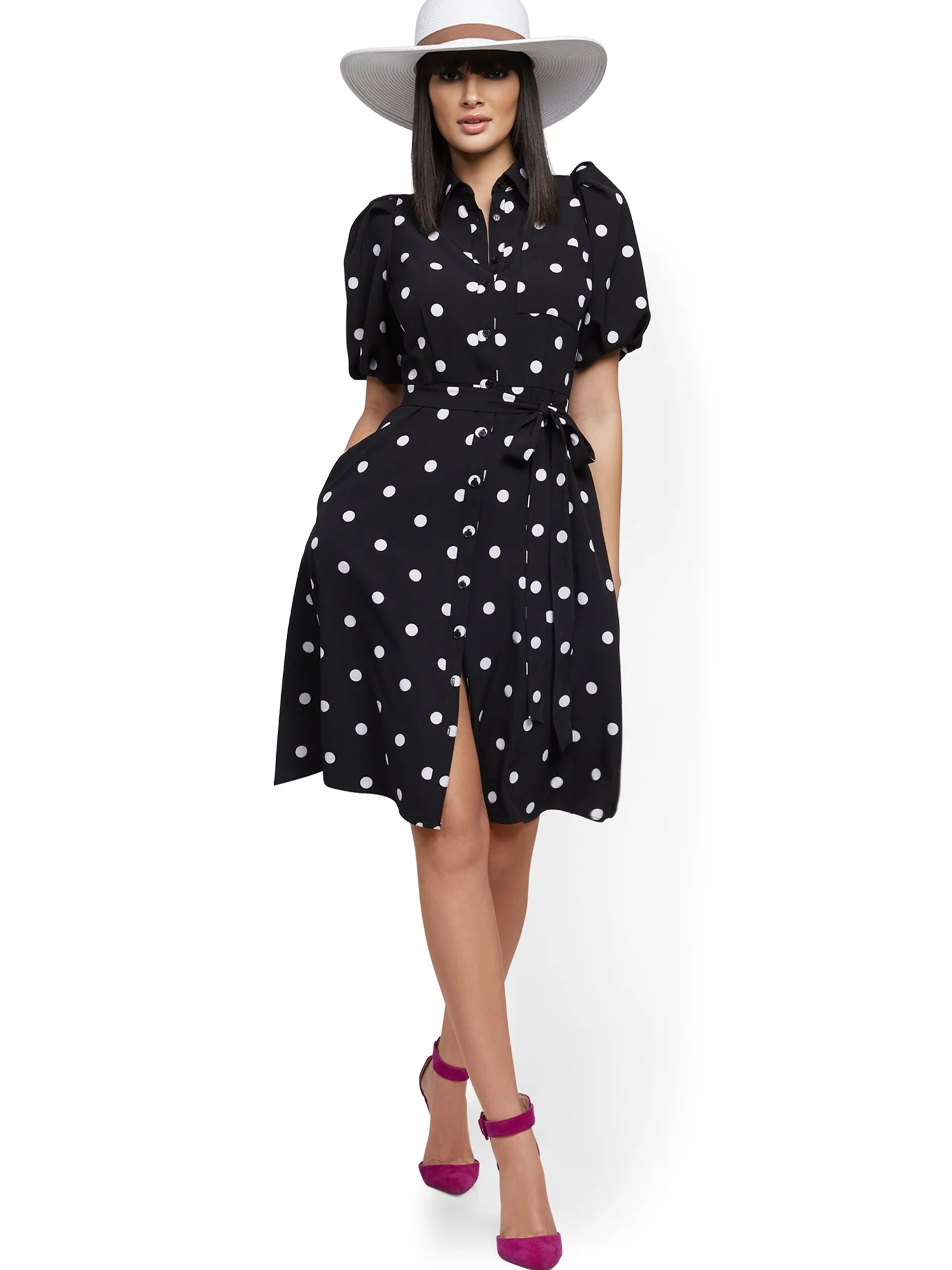 Tall Dot-Print Puff-Sleeve Shirtdress - Image 2