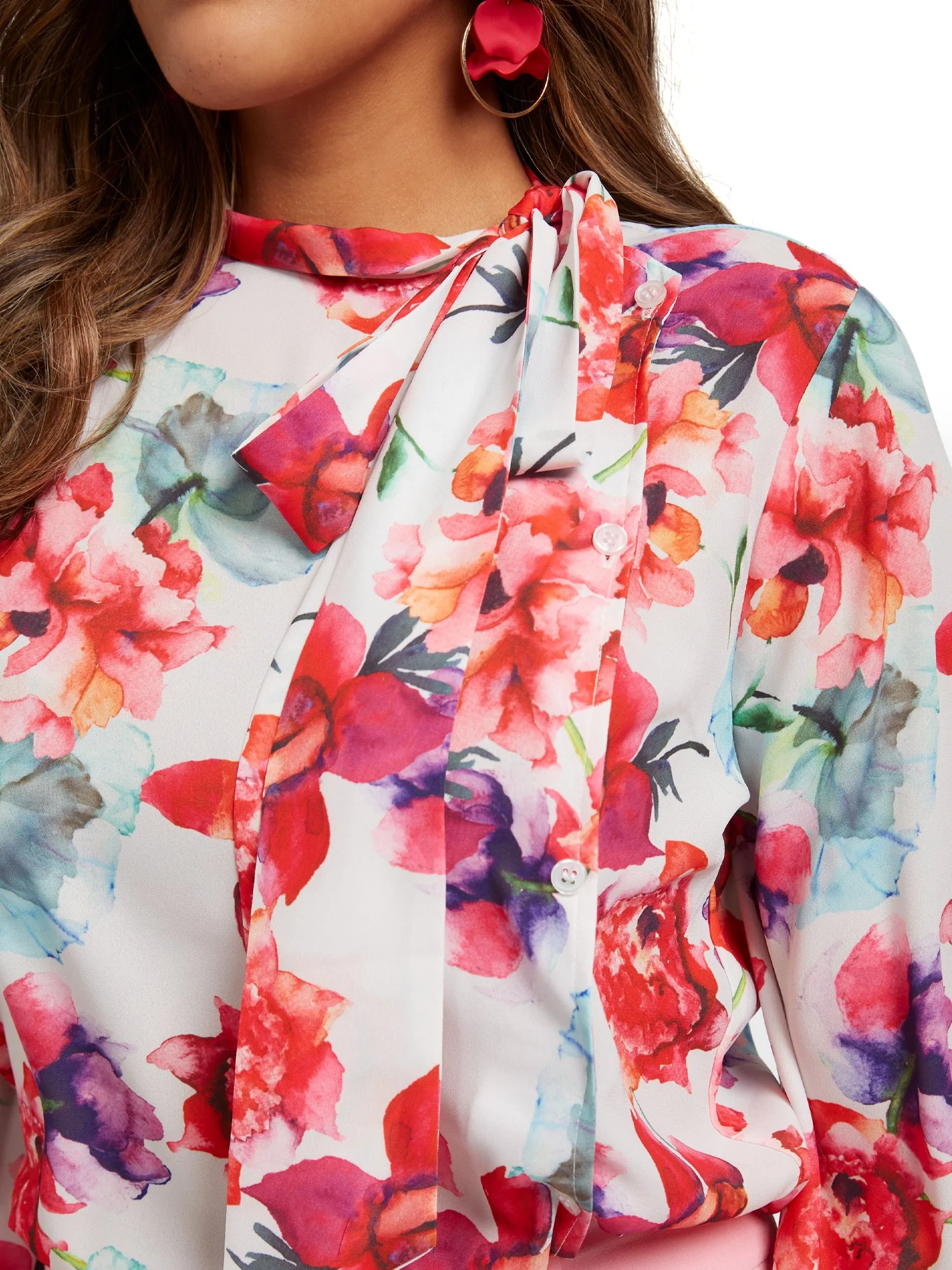 Tall Floral-Print Button-Front Bow-Neck Blouse - Image 4