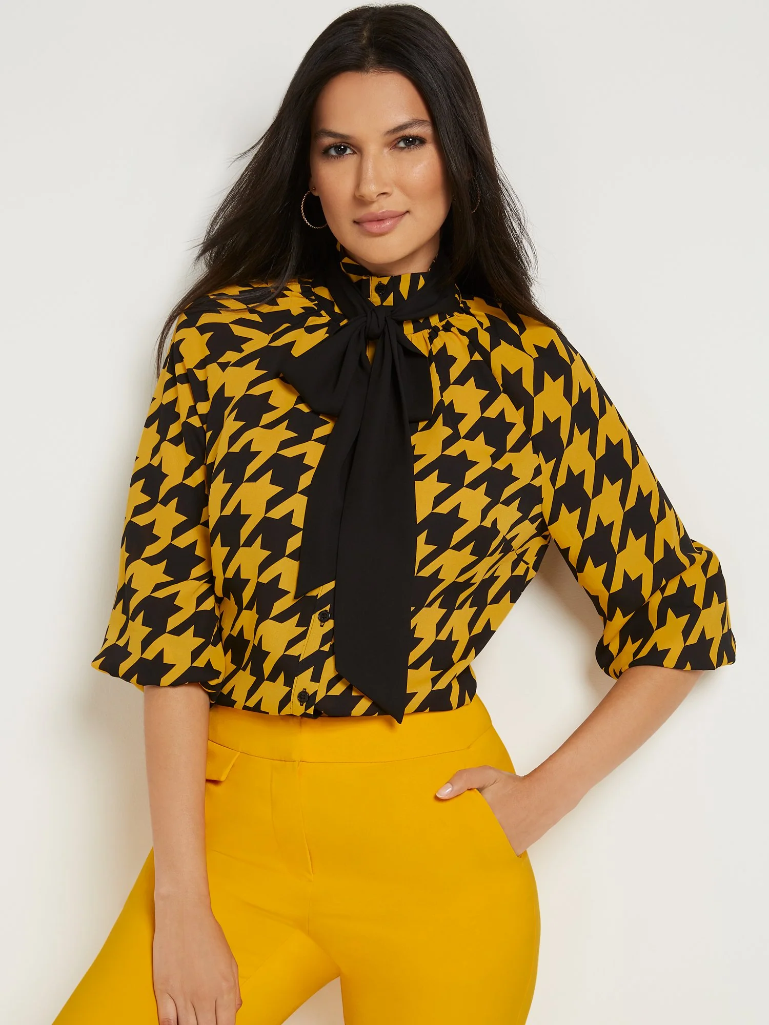 Tall Houndstooth 3/4-Sleeve Bow-Neck Blouse