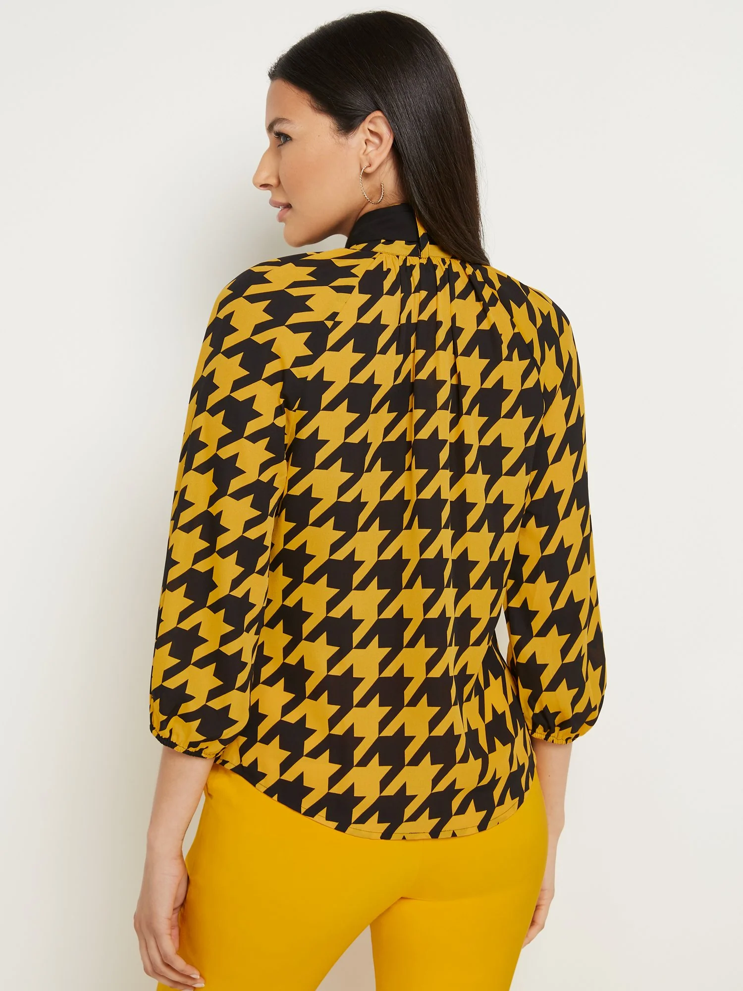 Tall Houndstooth 3/4-Sleeve Bow-Neck Blouse - Image 3