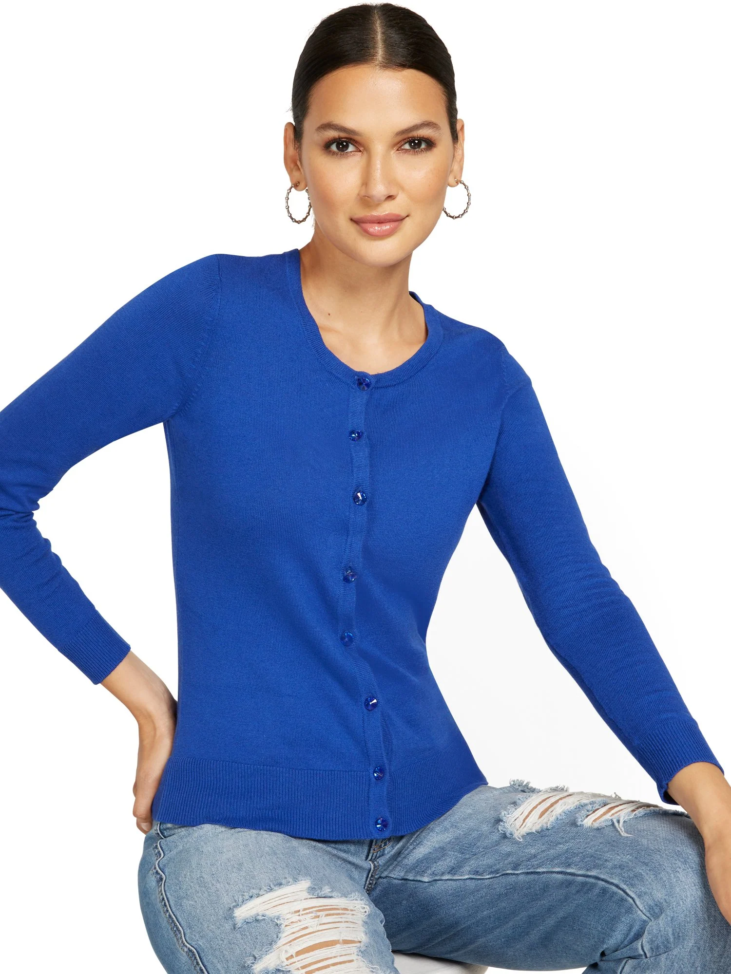 Tall Jeweled-Button Chelsea Crewneck Cardigan - Image 28