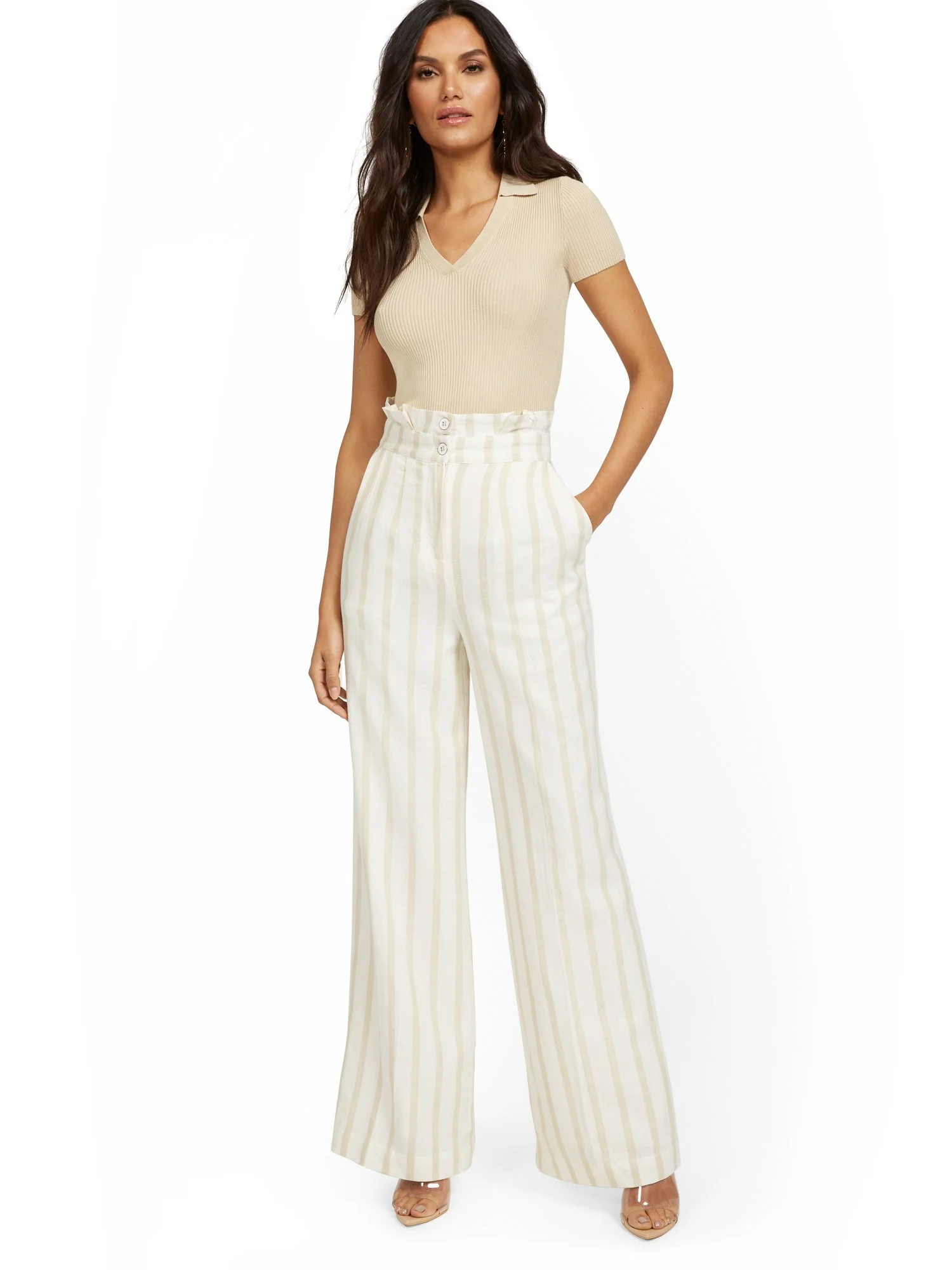 Tall Linen-Blend Stripe Paperbag Wide-Leg Pant - Image 4