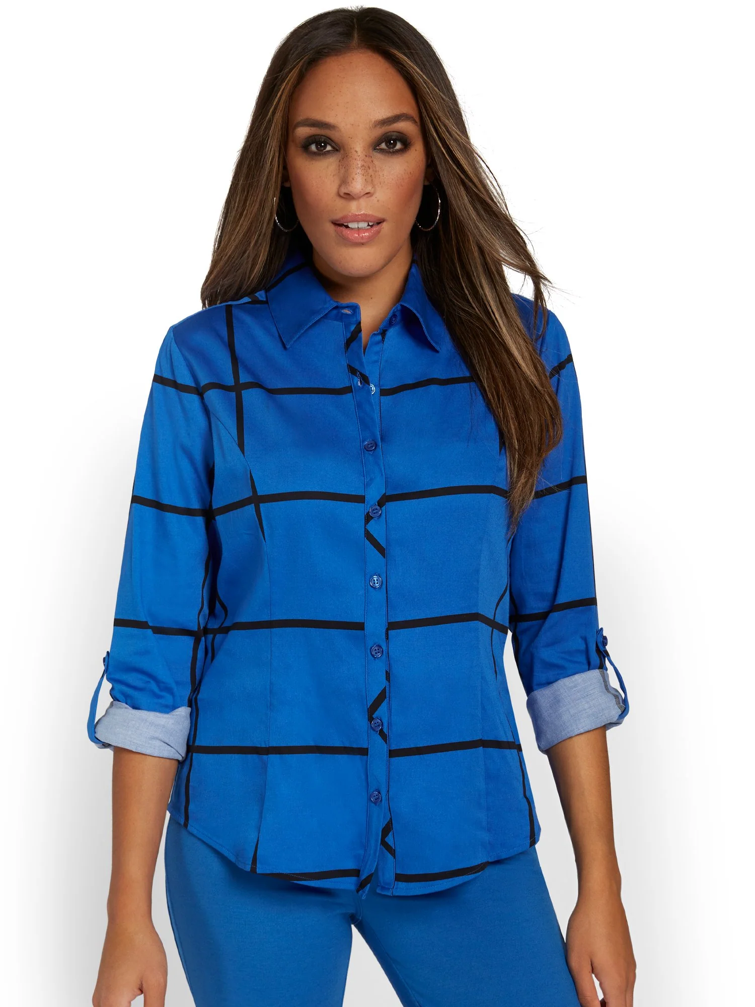 Tall Madison Roll-Sleeve Button-Front Secret Snap Shirt - Windowpane-Print - Image 5