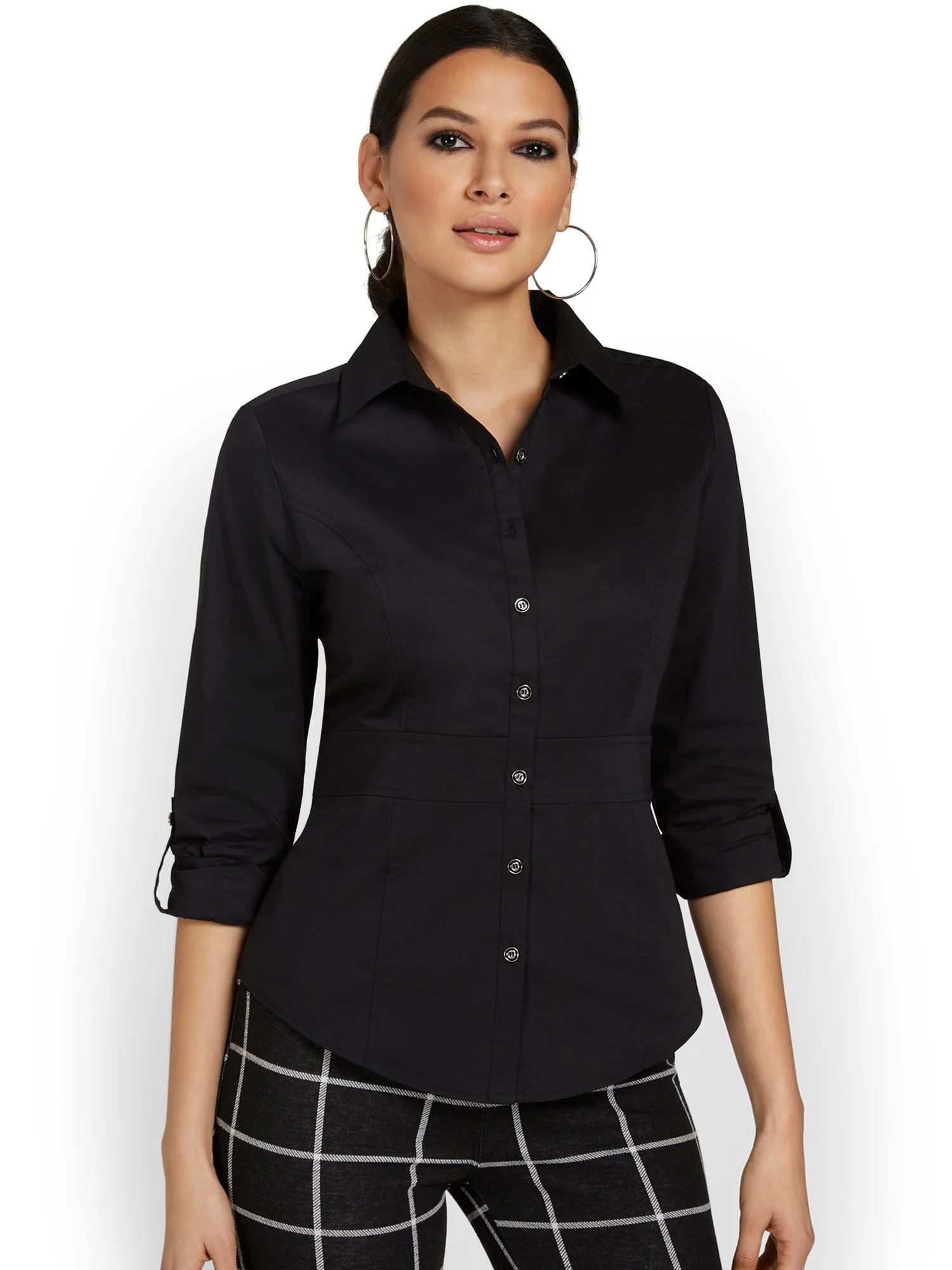 Tall Madison Roll-Sleeve Button-Front Waist-Panel Secret Snap Shirt