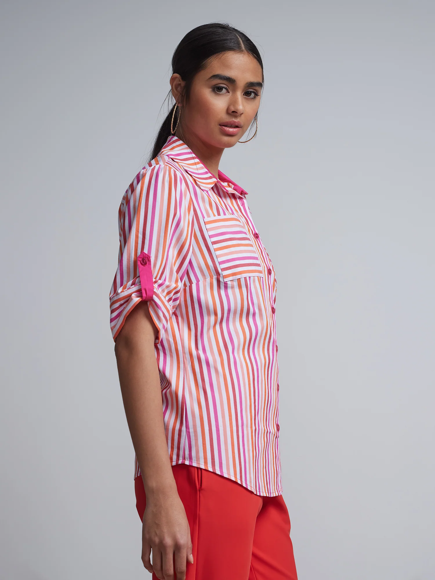 Tall Multi-Stripe Two-Pocket Short-Sleeve Button-Front - NY&C Madison Shirt® - Image 2