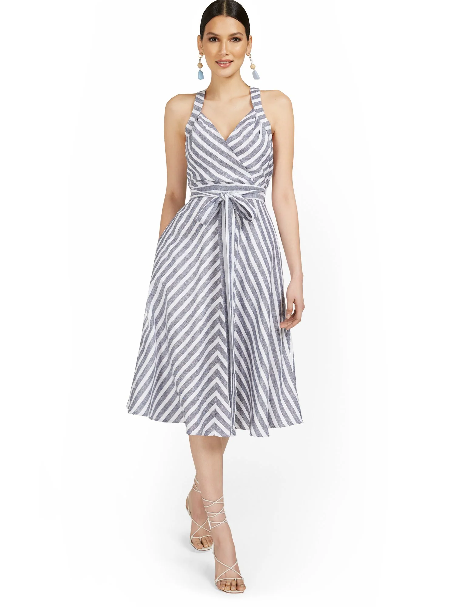 Tall Navy Linen-Blend Halter Fit and Flare Dress