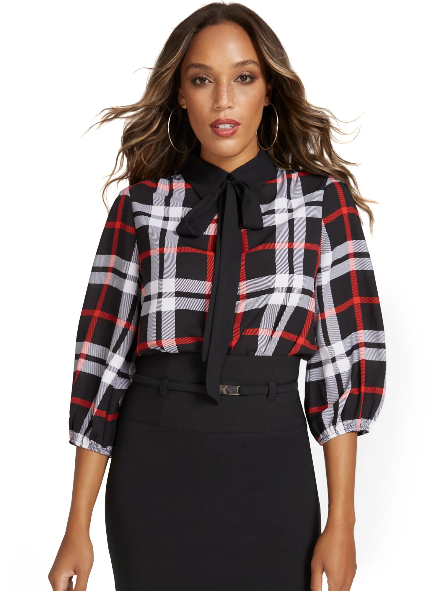 Tall Plaid Bow Blouse