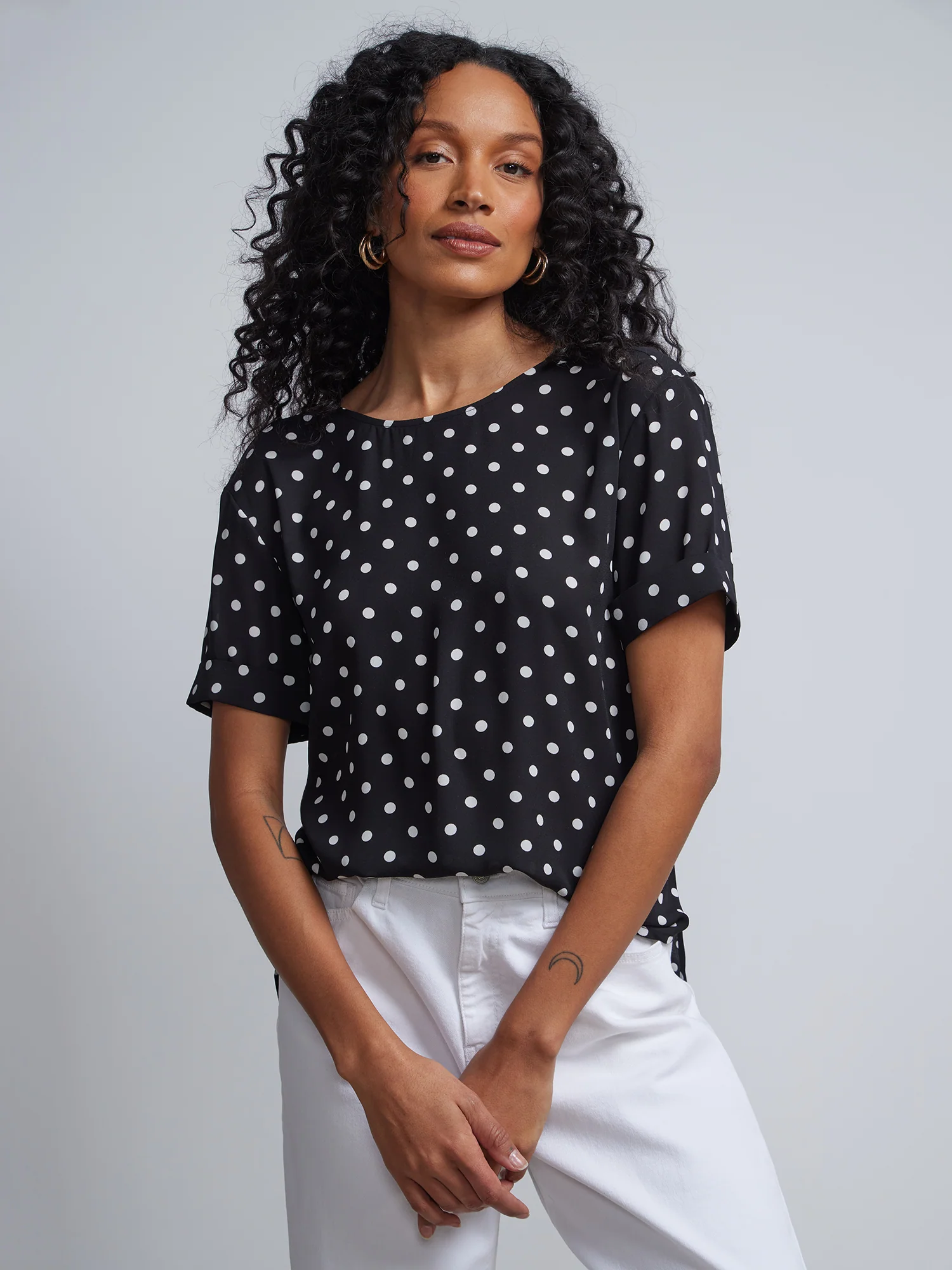 Tall Polka-Dot Print Crewneck Side-Slit Cuffed Tee