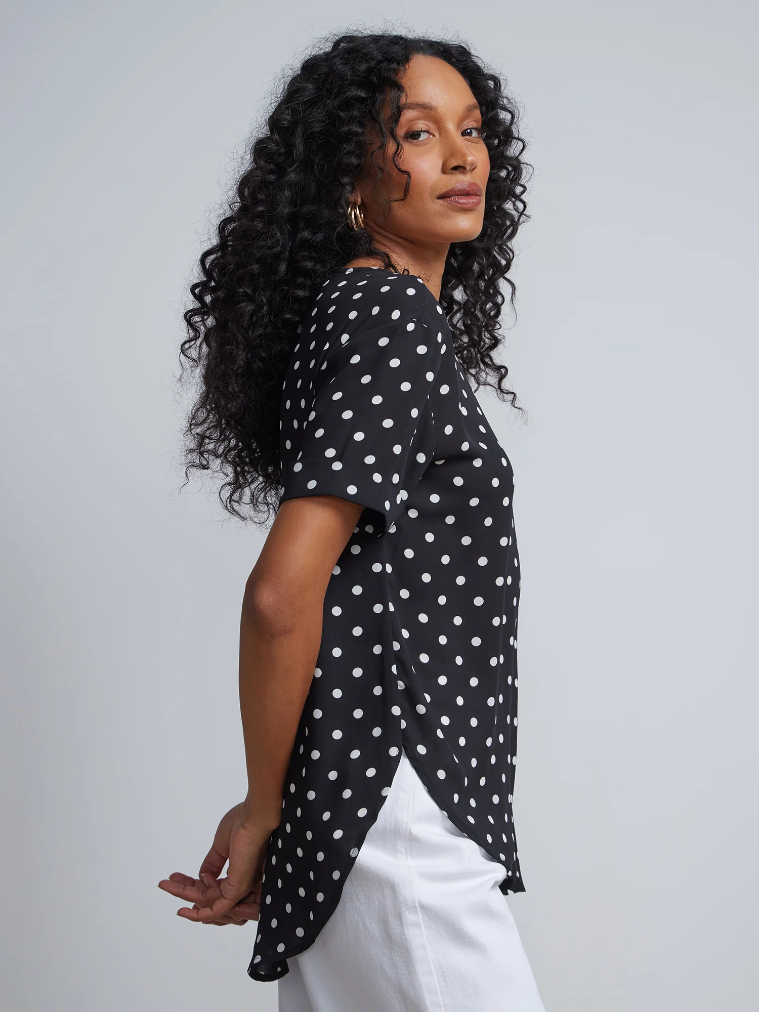 Tall Polka-Dot Print Crewneck Side-Slit Cuffed Tee - Image 2