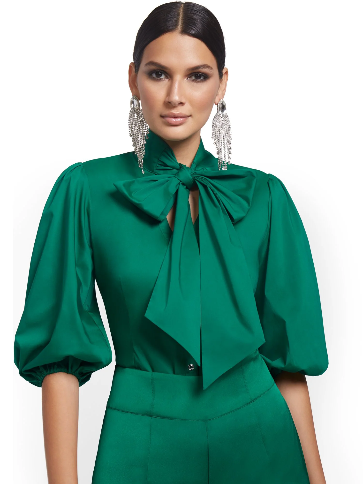 Tall Puff-Sleeve Drama Bow Poplin Shirt - Image 6