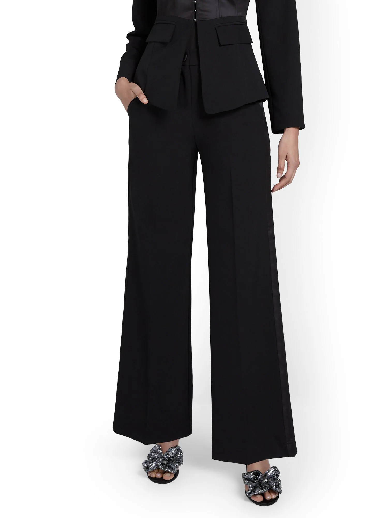 Tall Satin-Trim Wide-Leg Tuxedo Pant
