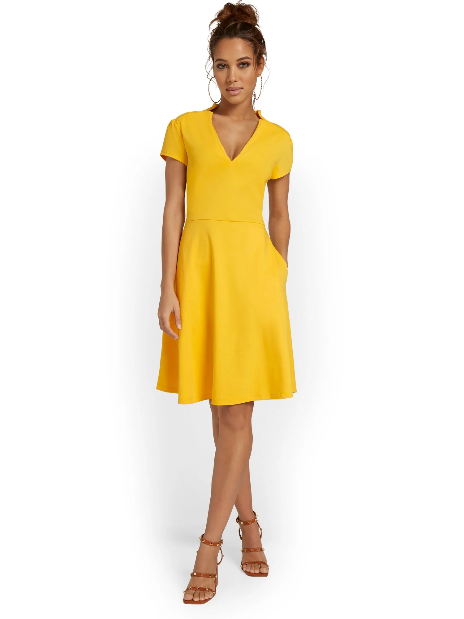 Tall Split-Neck Puff-Sleeve Flare Dress - City Knits - Image 18