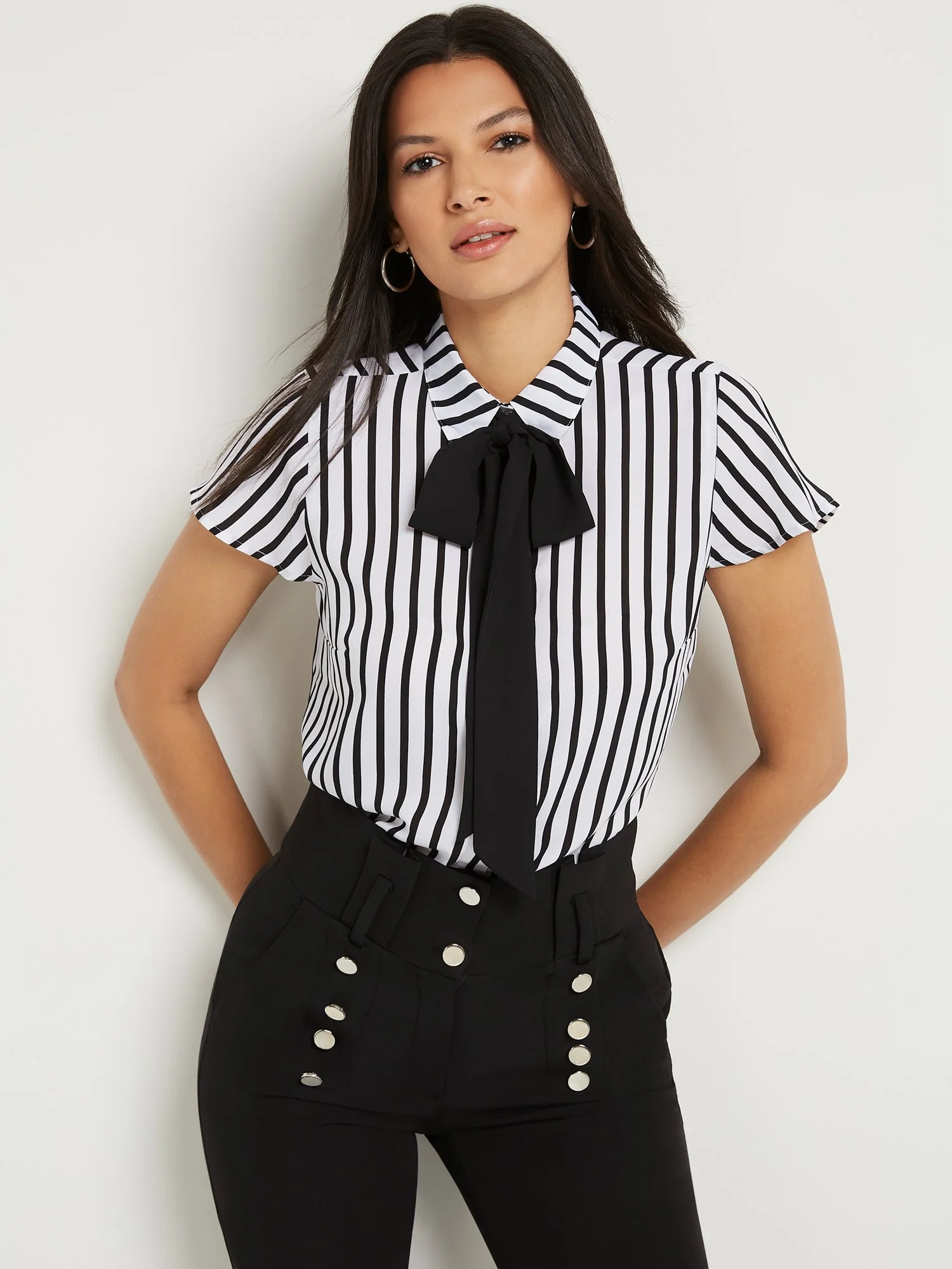 Tall Striped Button-Front Bow-Neck Blouse