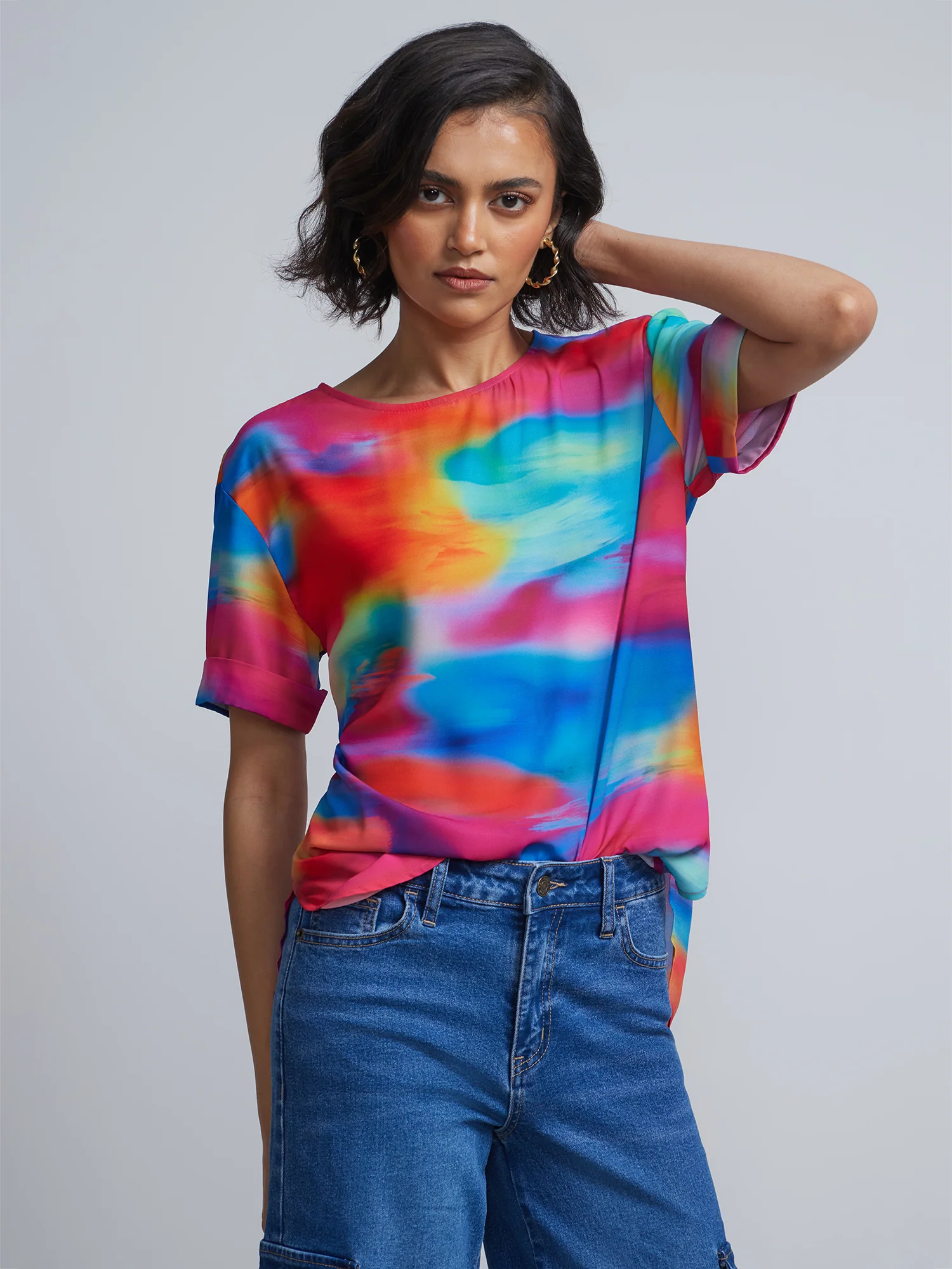 Tall Tie-Dye Print Crewneck Side-Slit Cuffed Blouse
